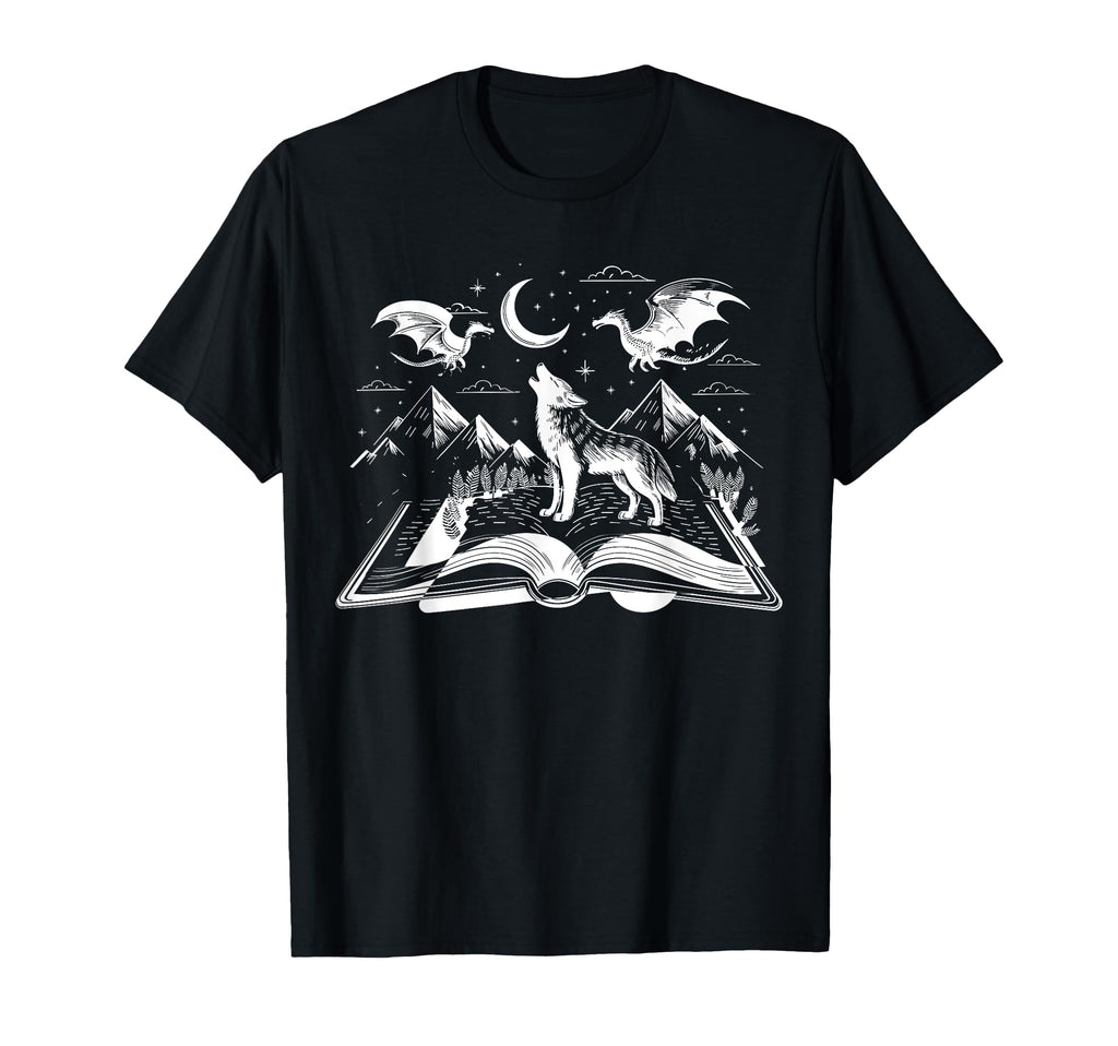 Wolf Howling Dragons Book Night Sky T-Shirt - Streetwear Style for Adults - T-Shirt, Sweatshirt, Hoodie