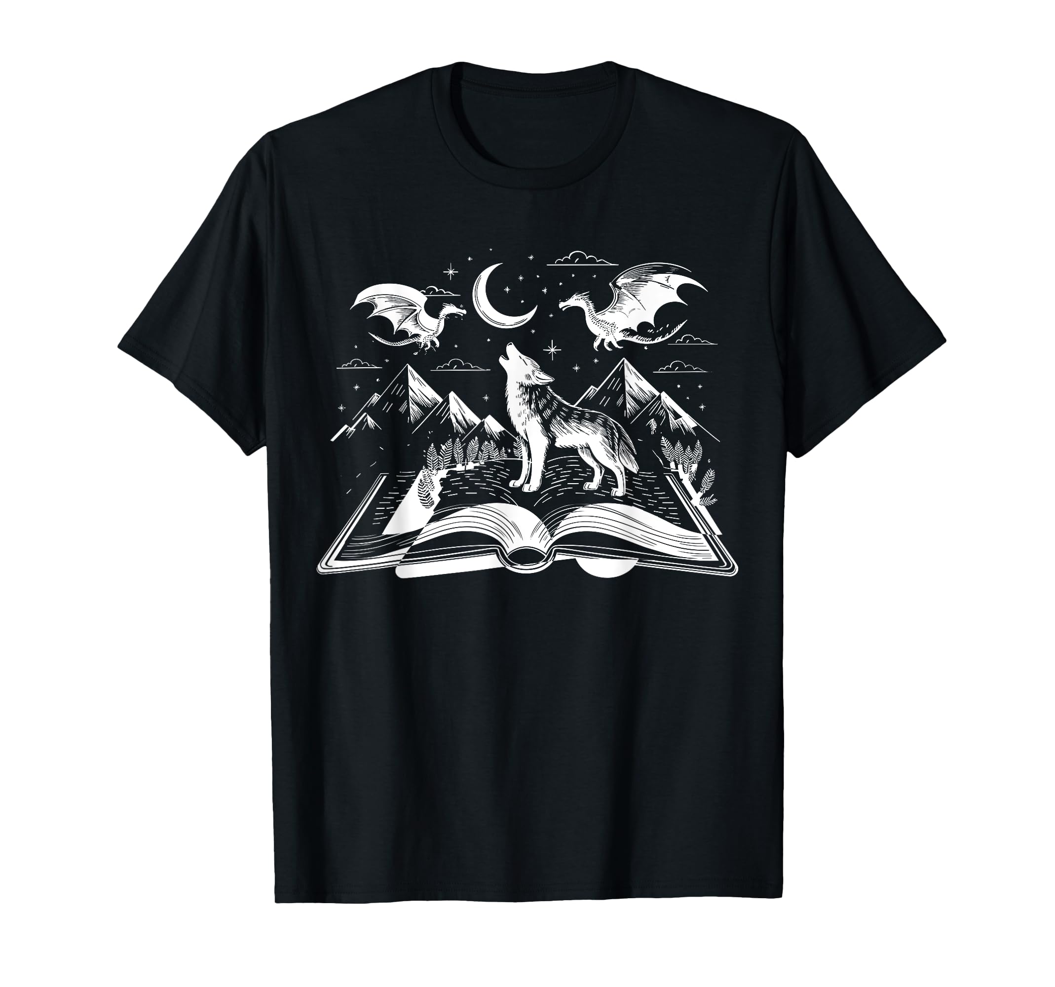 Wolf Howling Dragons Book Night Sky T-Shirt - Streetwear Style for Adults - T-Shirt, Sweatshirt, Hoodie