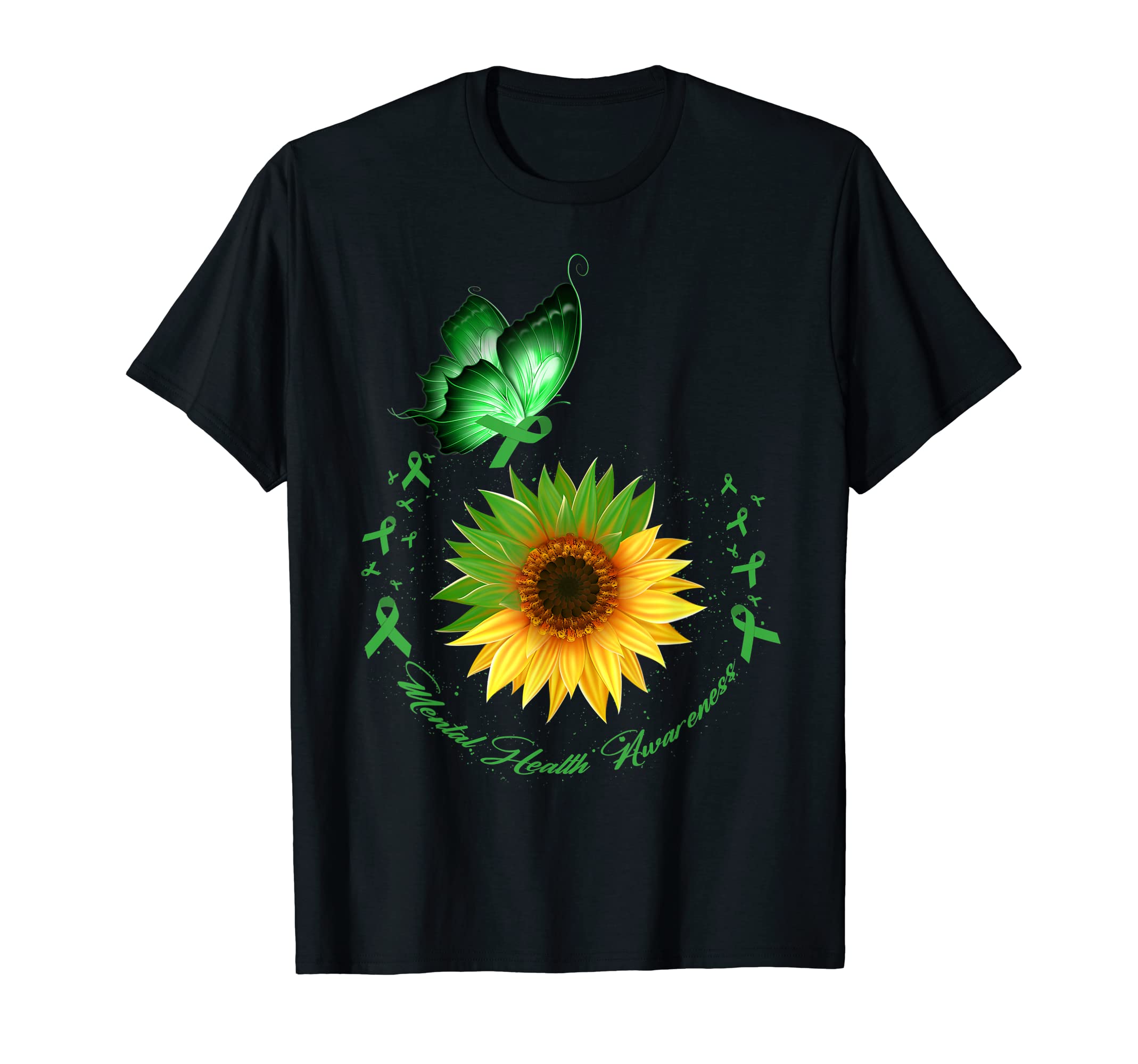 Butterfly Sunflower Green Ribbon Mental T-Shirt - Trendy Graphic Unisex - T-Shirt, Sweatshirt, Hoodie