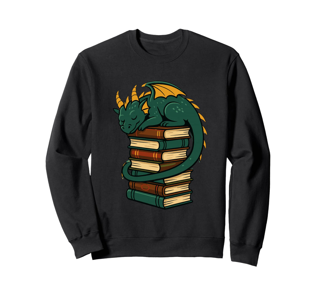 Sleeping Dragon Book Stack Fantasy Sweatshirt - Graphic Print for Adults - T-Shirt, Sweatshirt, Hoodie