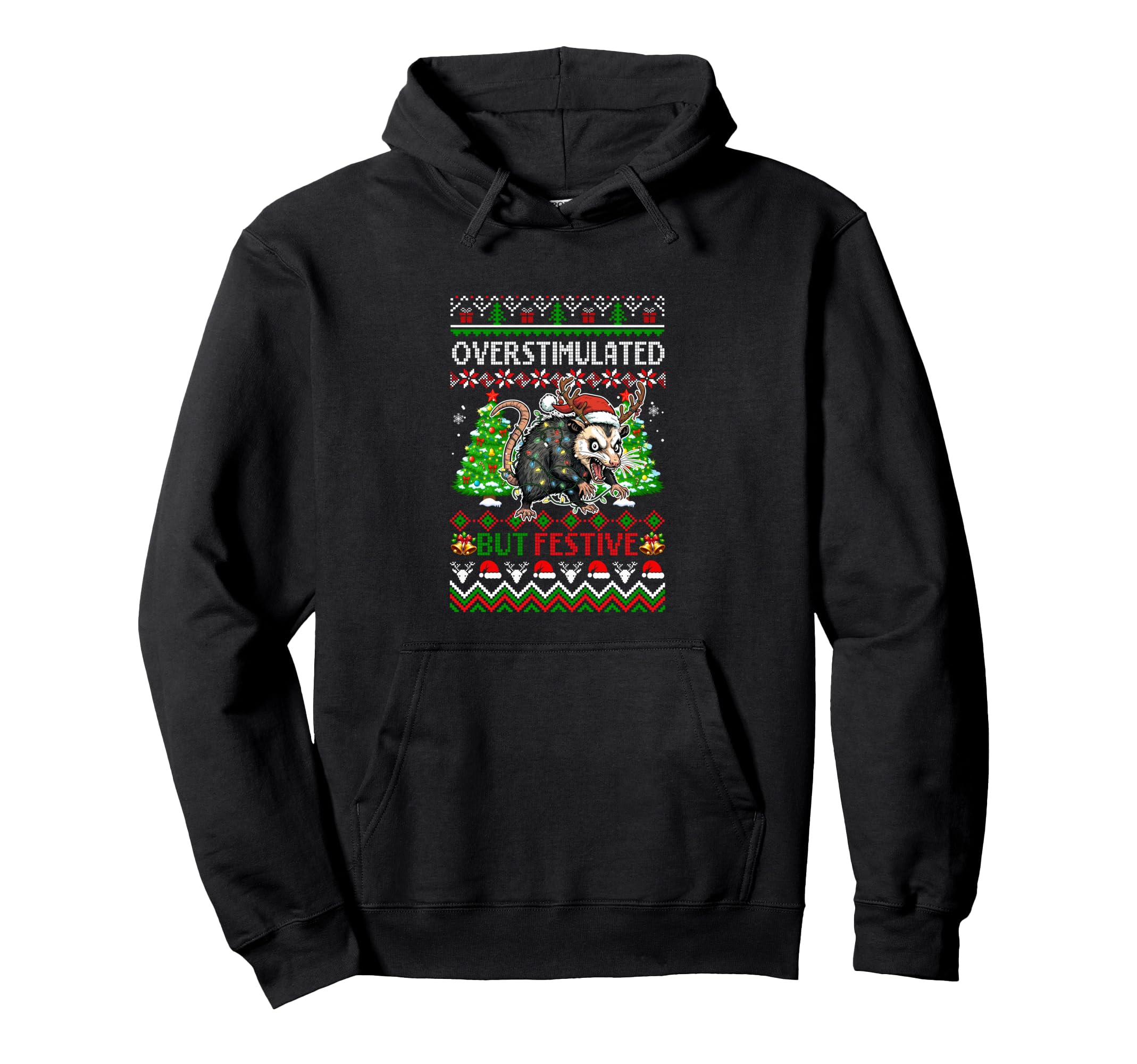 Overstimulated But Festive Santa Opossum Hoodie - Aesthetic Graphic Unisex - T-Shirt, Sweatshirt, Hoodie