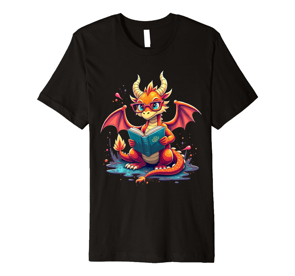 Kawaii Dragon Reads Book Reading T-Shirt - Custom Art Print Men Women - T-Shirt, Sweatshirt, Hoodie
