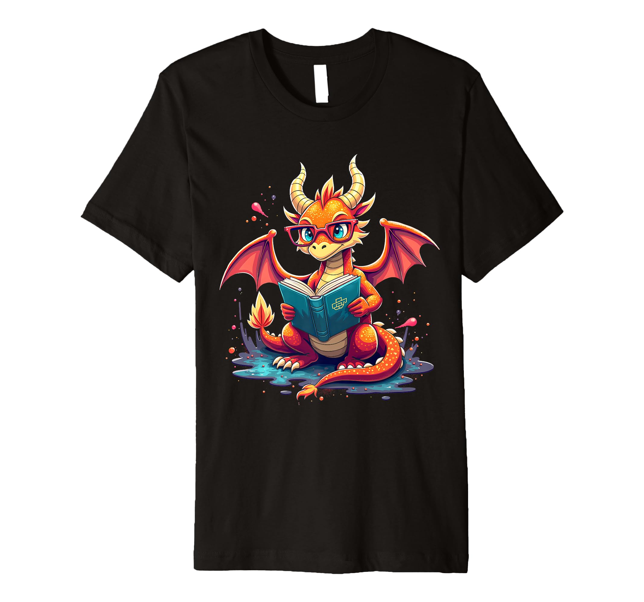 Kawaii Dragon Reads Book Reading T-Shirt - Custom Art Print Men Women - T-Shirt, Sweatshirt, Hoodie