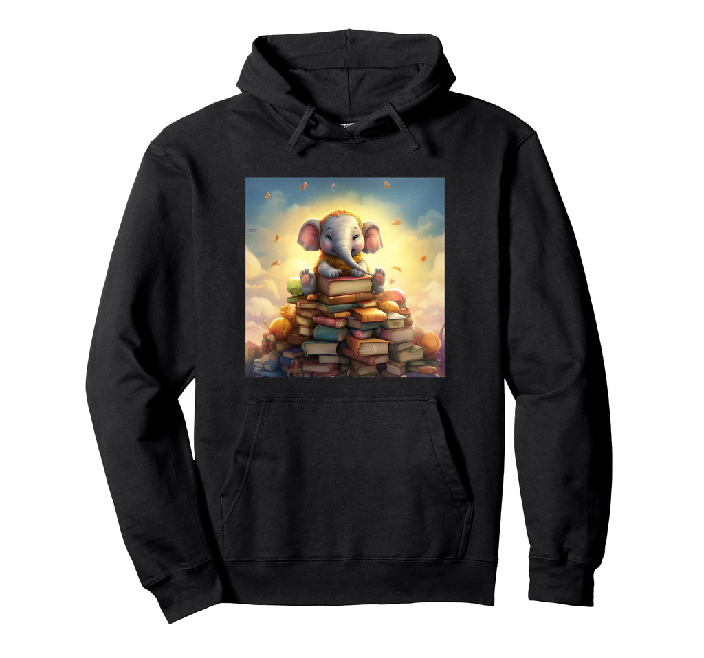Book Nerd Elephant Reading Book Lover Hoodie - Custom Art Print for Adults - T-Shirt, Sweatshirt, Hoodie