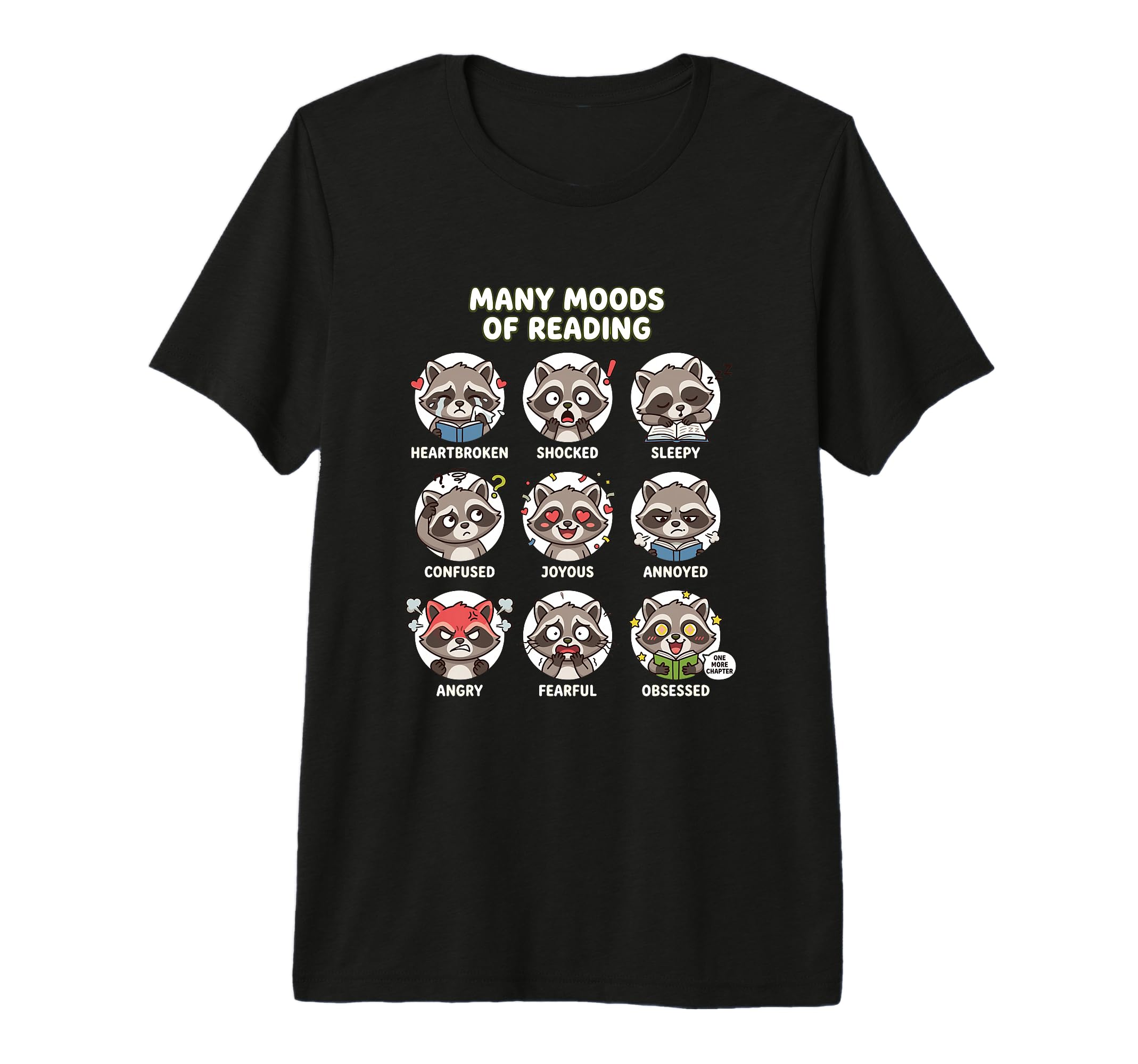 Bookish Many Reading Raccoon Funny T-Shirt - Aesthetic Graphic Men Women - T-Shirt, Sweatshirt, Hoodie