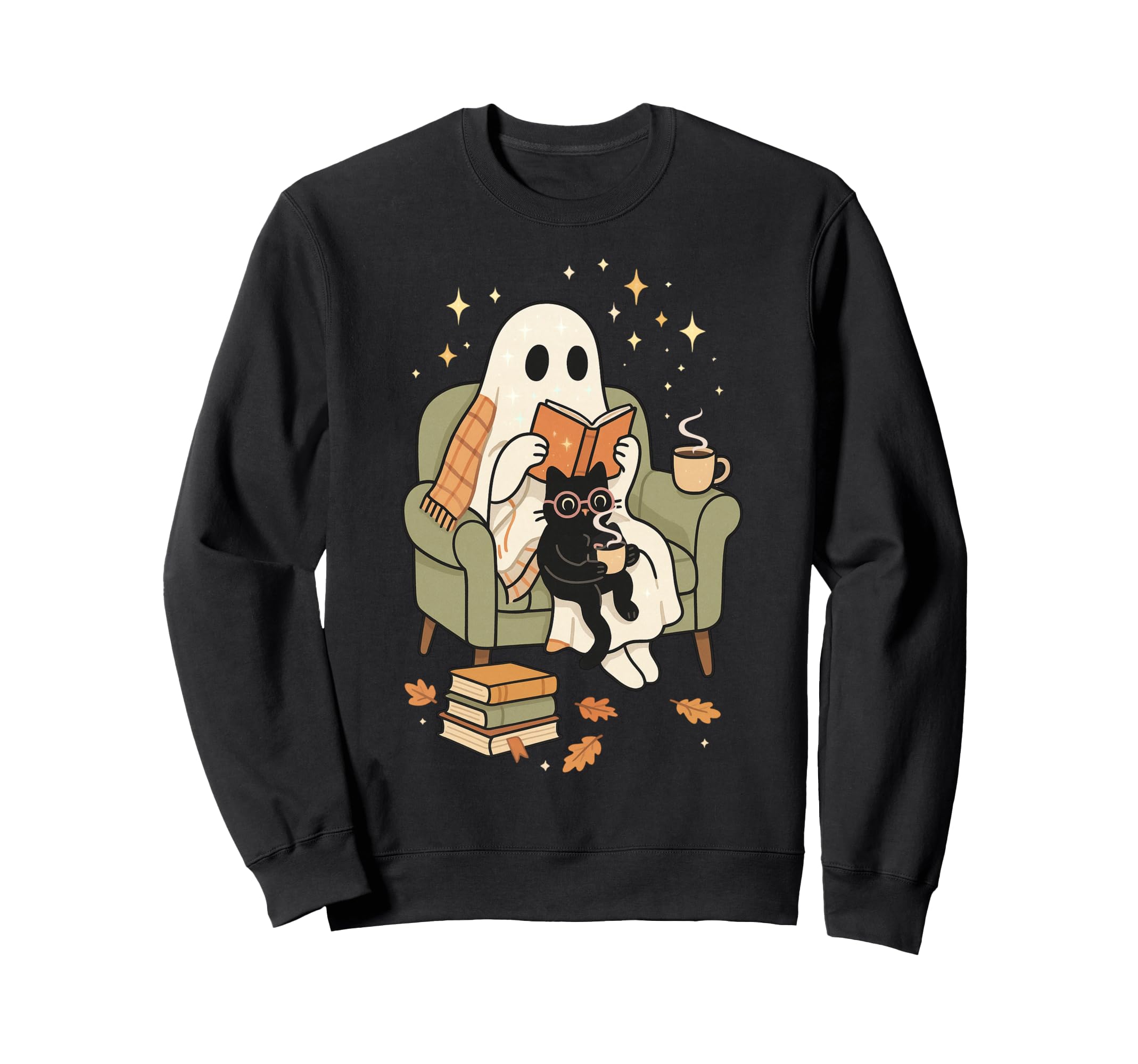 Ghost And Cat Cozy Reading Book Lover Sweatshirt - Streetwear Style Unisex - T-Shirt, Sweatshirt, Hoodie