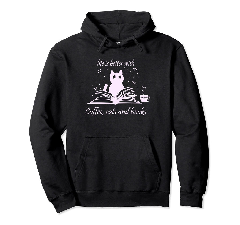 Funny Coffee Cats And Book Reading Hoodie - Trendy Graphic Men Women - T-Shirt, Sweatshirt, Hoodie
