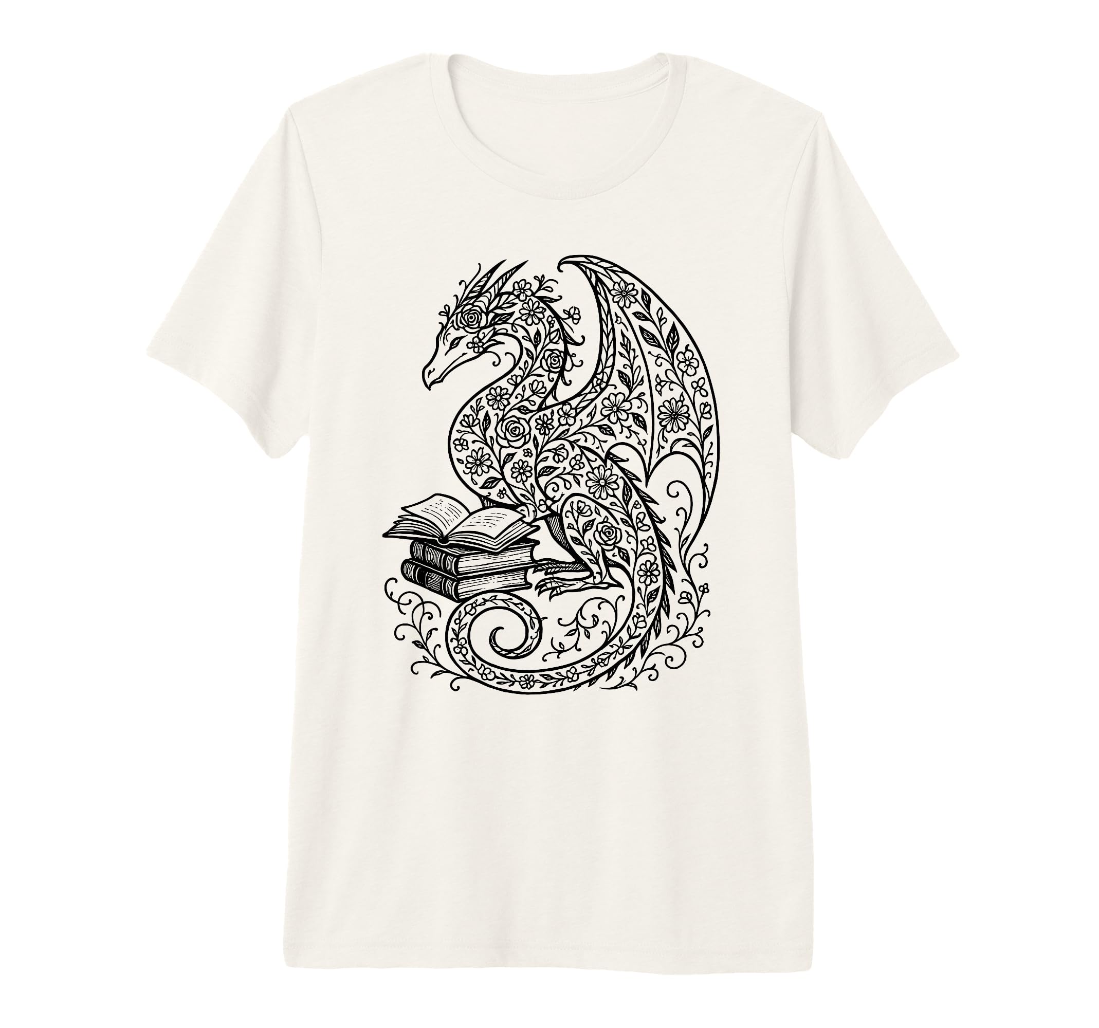 Floral Dragon Reading Books Bookworm T-Shirt - Minimalist Print for Adults - T-Shirt, Sweatshirt, Hoodie