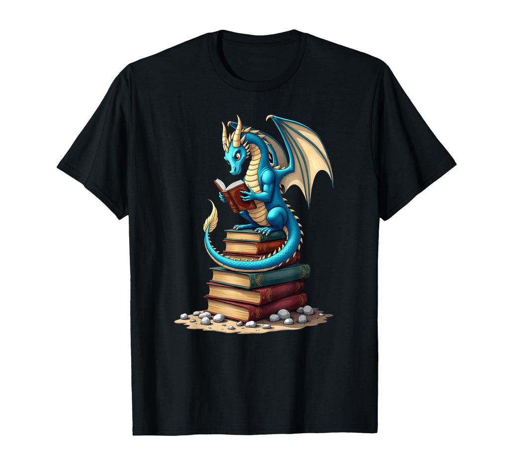 Fantasy Dragon Reading Books Library T-Shirt - Minimalist Print for Adults - T-Shirt, Sweatshirt, Hoodie
