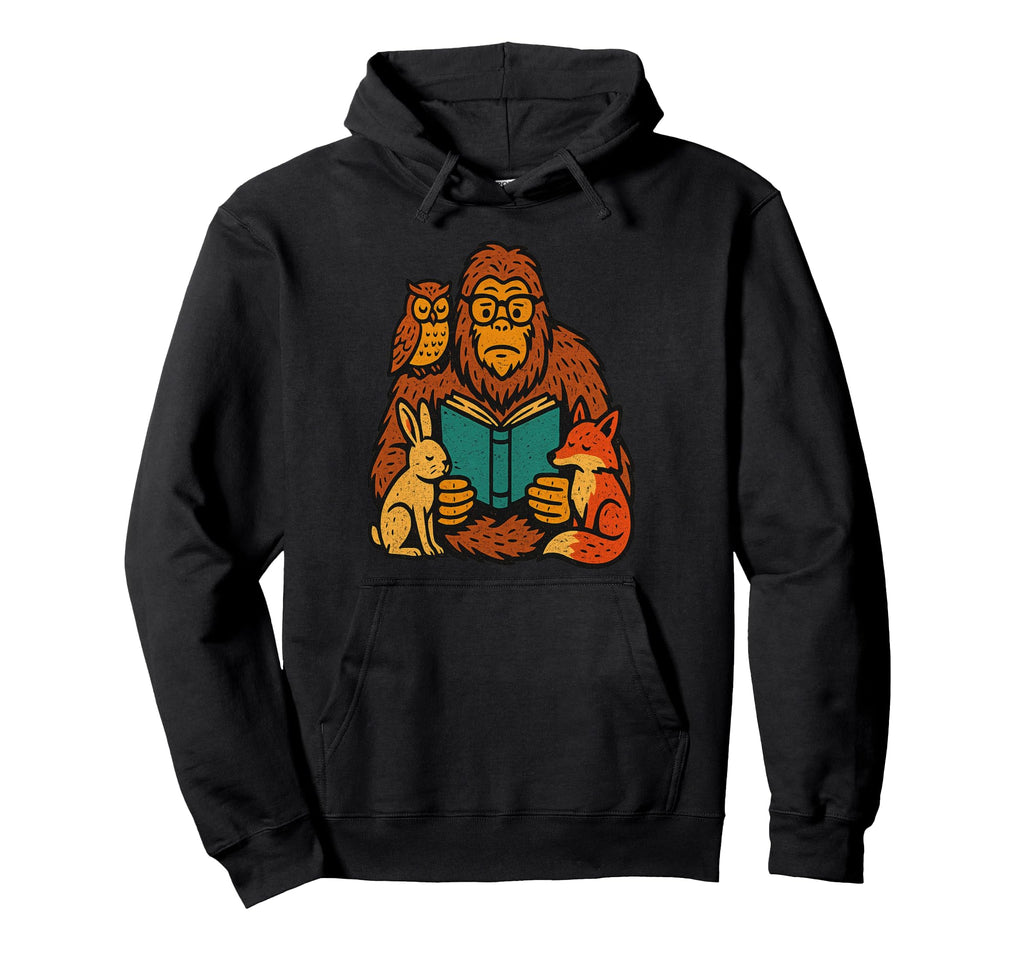 Bigfoot Reading Book Owl Rabbit Fox Cozy Hoodie - Unique Graphic Unisex - T-Shirt, Sweatshirt, Hoodie