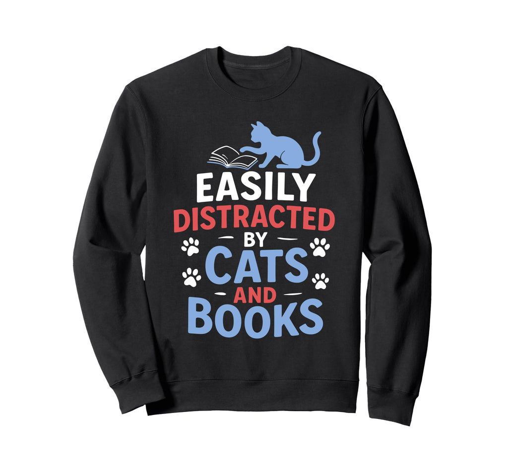 Easily Distracted Cats And Books Sweatshirt - Minimalist Print Unisex - T-Shirt, Sweatshirt, Hoodie