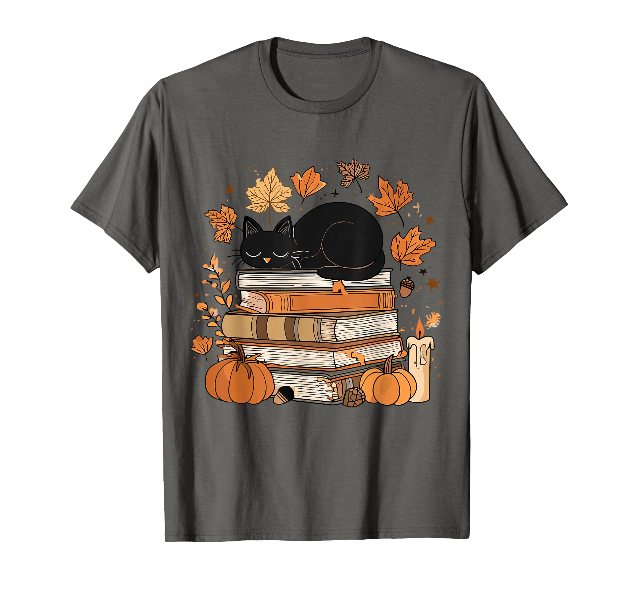 Cat Books Fall Leaves Reading Book T-Shirt - Unique Graphic for Adults - T-Shirt, Sweatshirt, Hoodie