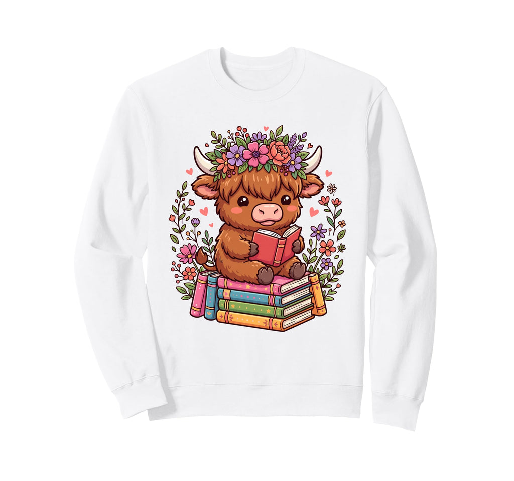 Highland Cow Bookworm Floral Sweatshirt - Aesthetic Graphic Men Women - T-Shirt, Sweatshirt, Hoodie