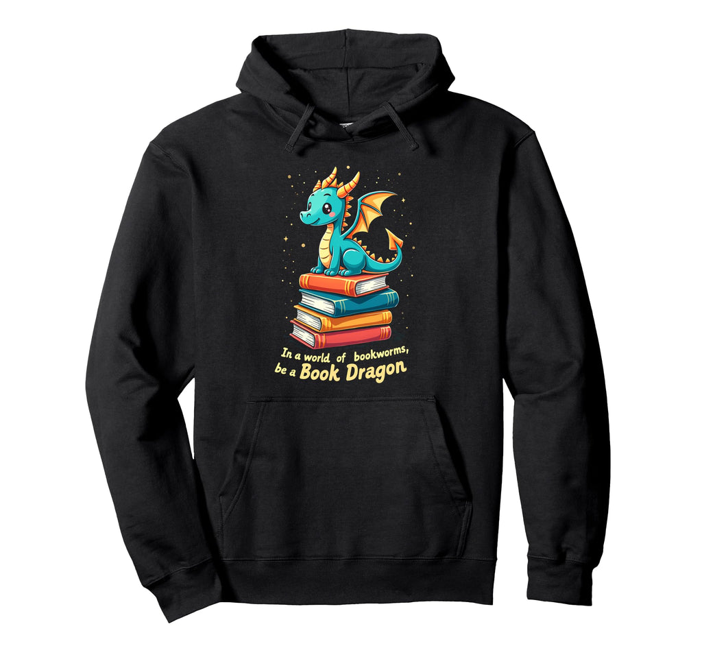 Happy Dragon Book Stack Reading Hoodie - Novelty Apparel for Adults - T-Shirt, Sweatshirt, Hoodie