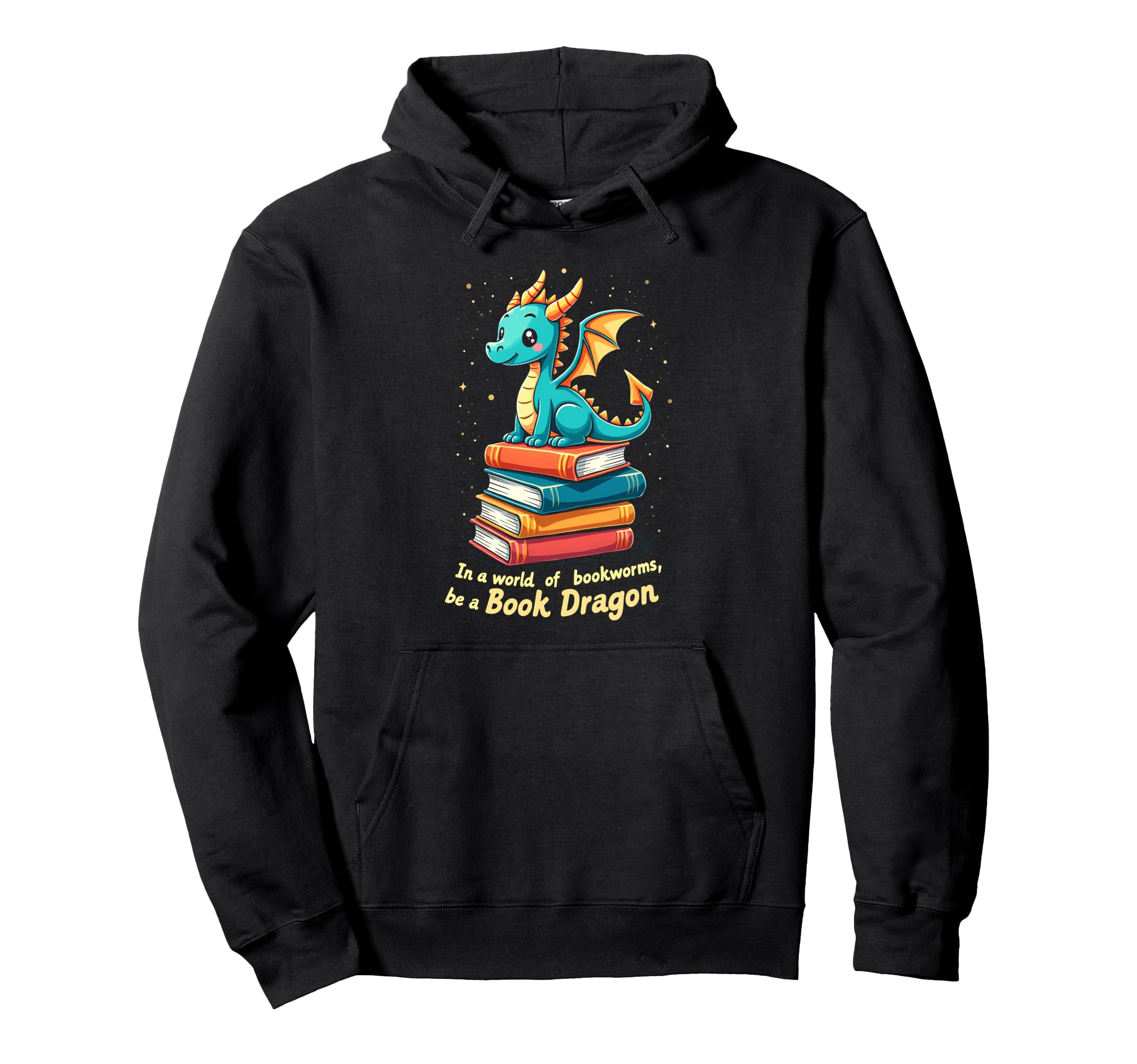 Happy Dragon Book Stack Reading Hoodie - Novelty Apparel for Adults - T-Shirt, Sweatshirt, Hoodie