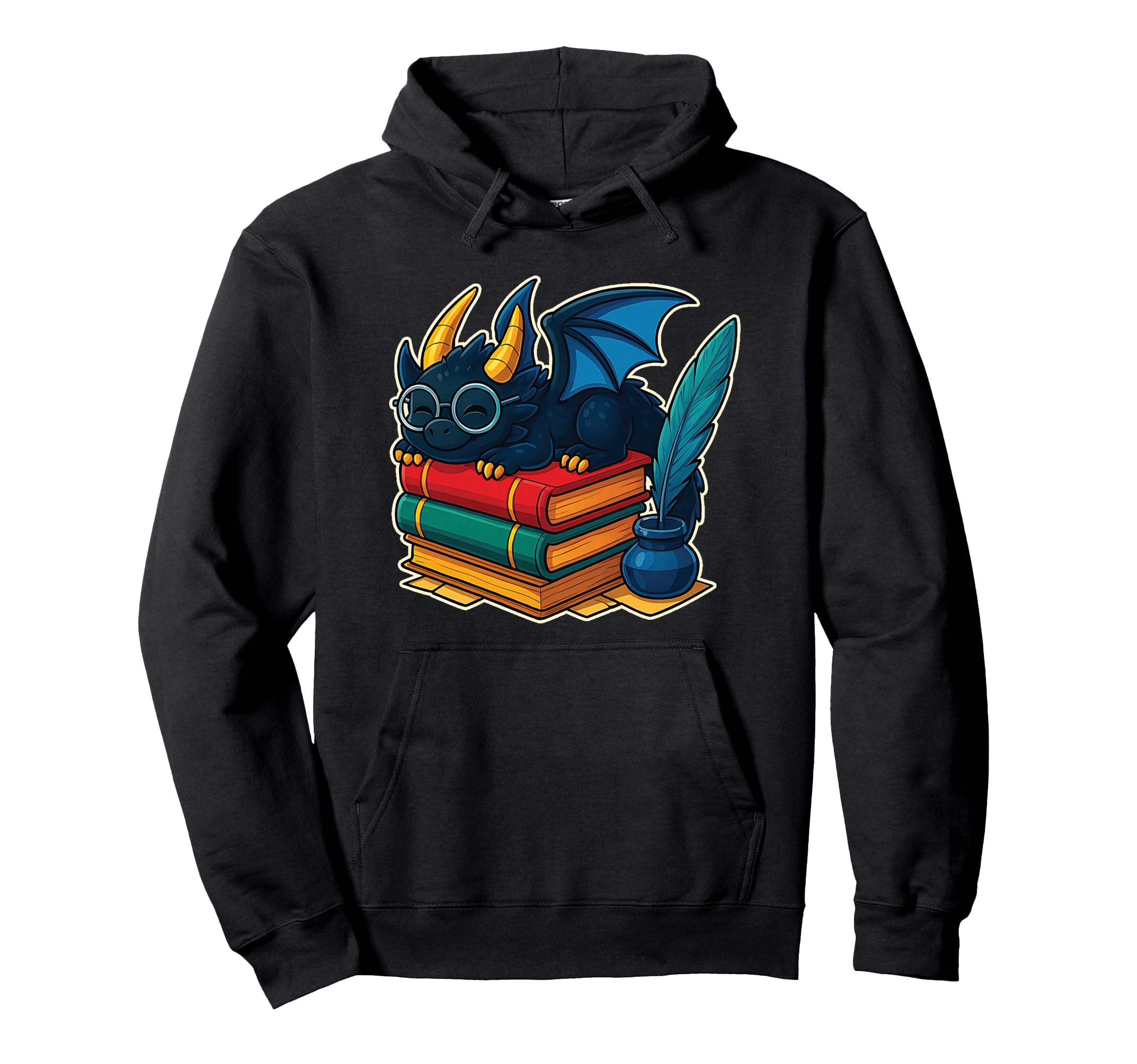 Book Dragon Glasses Reading Library Quill Hoodie - Custom Art Print Unisex - T-Shirt, Sweatshirt, Hoodie
