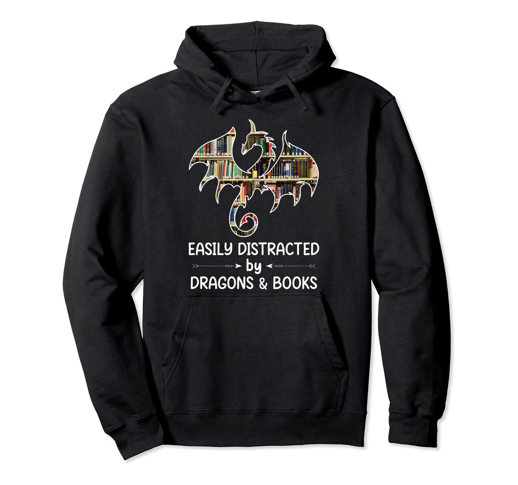 Easily Distracted Dragon And Books Hoodie - Aesthetic Graphic Men Women - T-Shirt, Sweatshirt, Hoodie