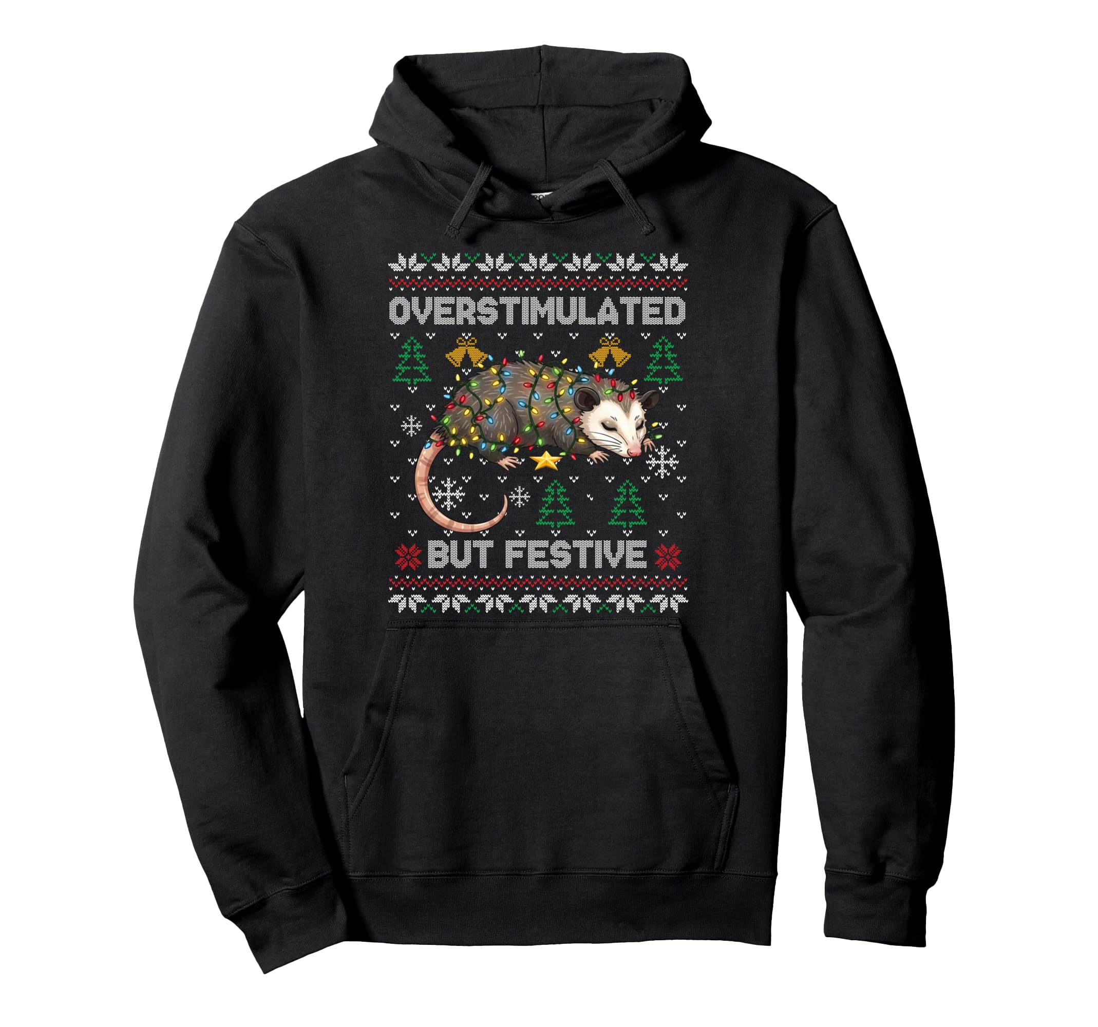 Overstimulated But Festive Possum Hoodie - Minimalist Print for Adults - T-Shirt, Sweatshirt, Hoodie