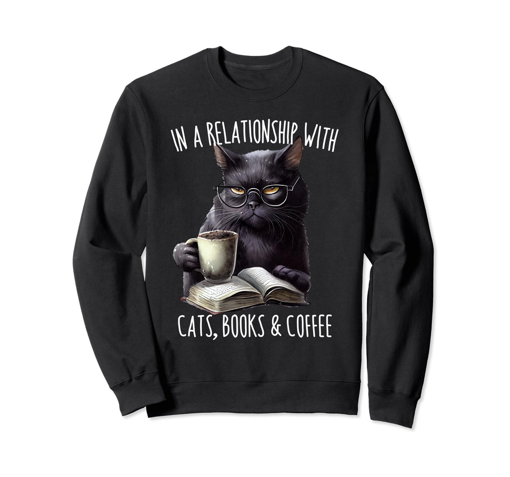 Funny Cat Coffee And Books Reading Sweatshirt - Minimalist Print Men Women - T-Shirt, Sweatshirt, Hoodie