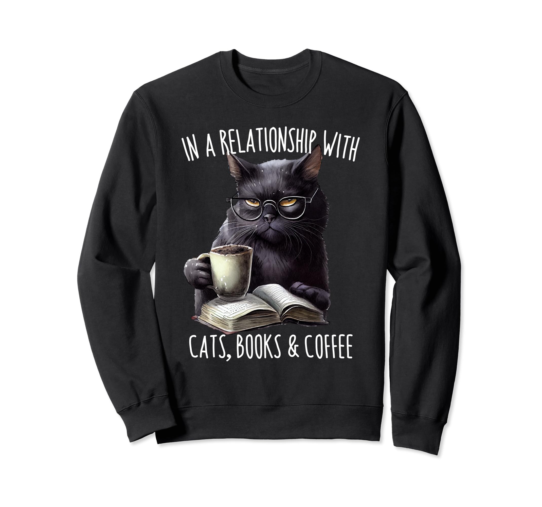 Funny Cat Coffee And Books Reading Sweatshirt - Minimalist Print Men Women - T-Shirt, Sweatshirt, Hoodie