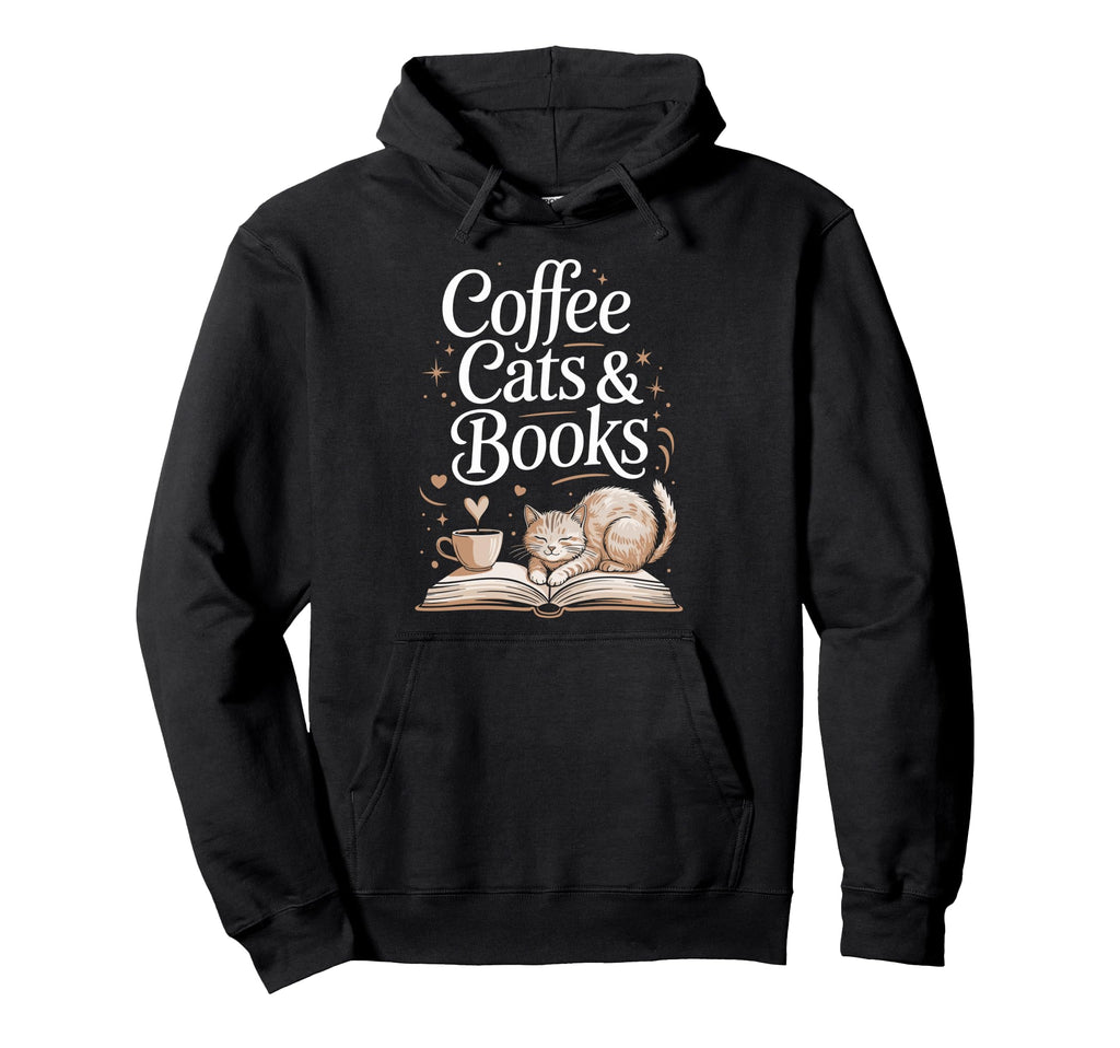 Coffee Cats Books Book Lover Funny Hoodie - Graphic Print for Adults - T-Shirt, Sweatshirt, Hoodie