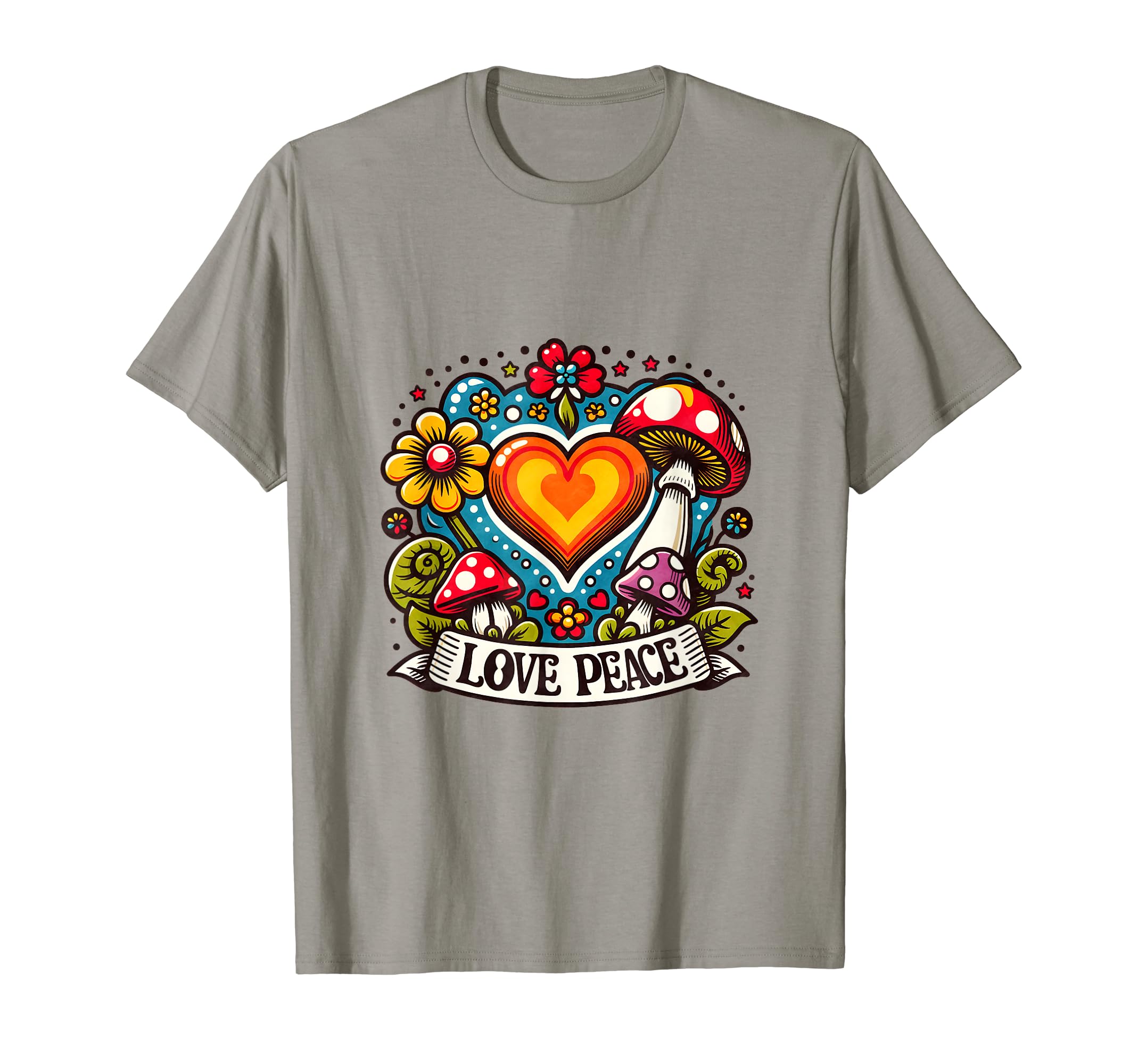 Love Peace Heart Mushrooms Flowers Floral T-Shirt - Graphic Print Unisex - T-Shirt, Sweatshirt, Hoodie