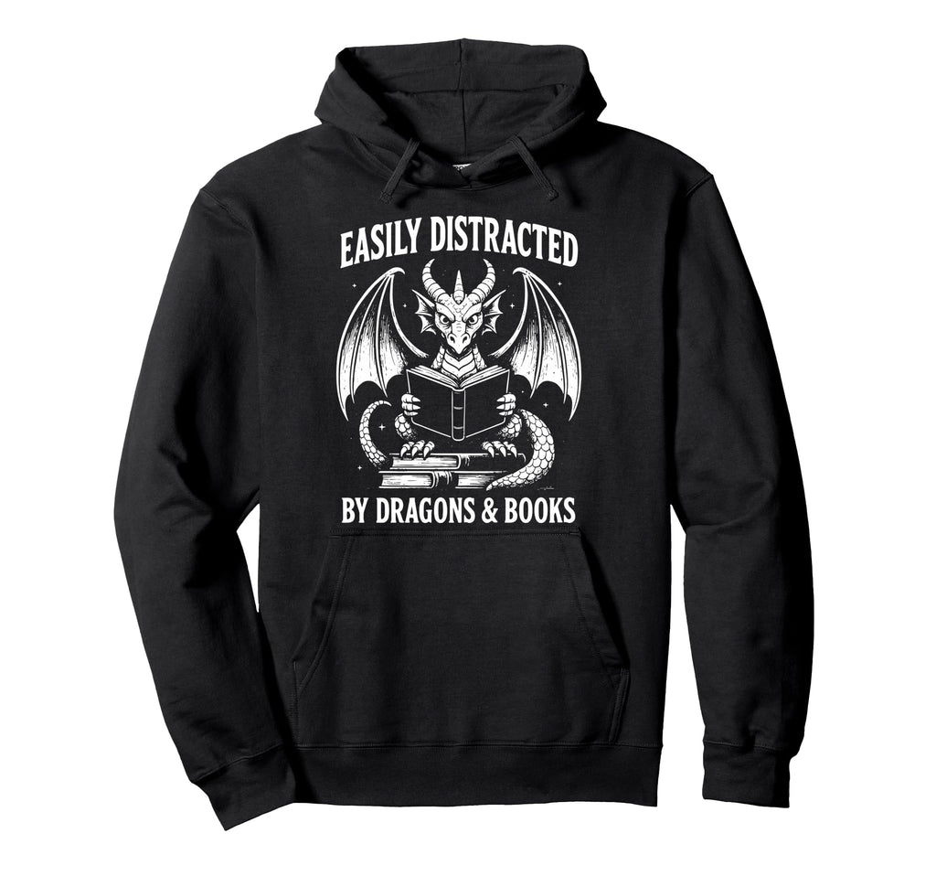 Easily Distracted Dragons And Books Hoodie - Aesthetic Graphic Men Women - T-Shirt, Sweatshirt, Hoodie