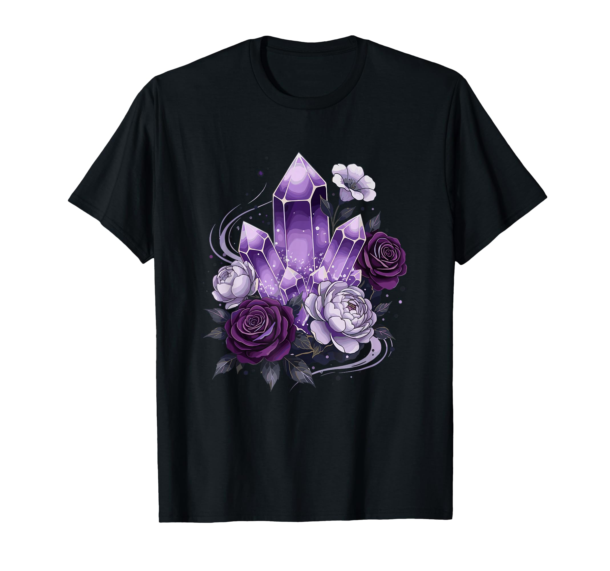 Amethyst Crystal Cluster Gothic Roses T-Shirt - Aesthetic Graphic Unisex - T-Shirt, Sweatshirt, Hoodie