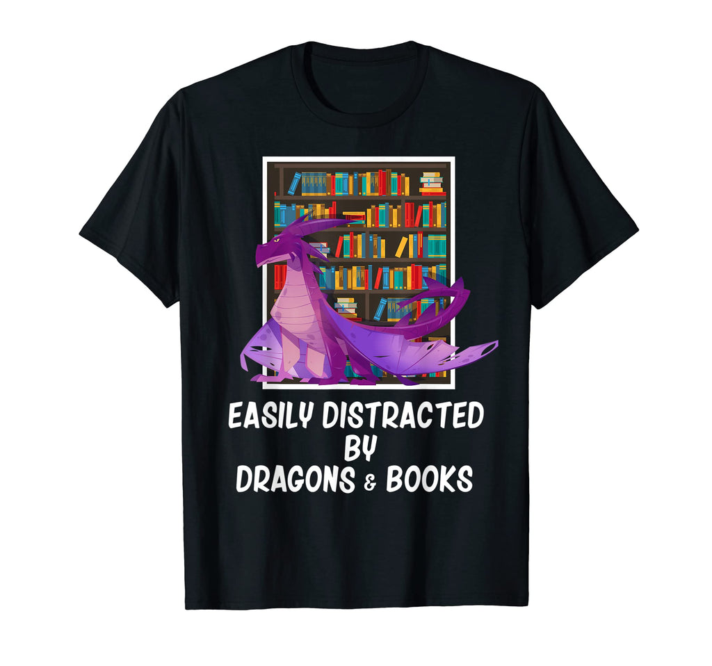 Easily Distracted Dragon Books Nerd T-Shirt - Minimalist Print Men Women - T-Shirt, Sweatshirt, Hoodie