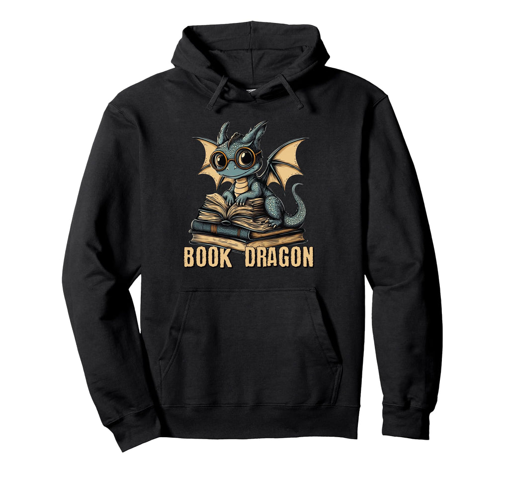 Nerdy Book Dragon Fantasy Bookworm Hoodie - Minimalist Print for Adults - T-Shirt, Sweatshirt, Hoodie