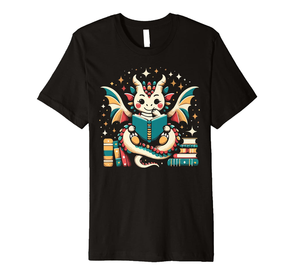 Whimsical Dragon Reading Book T-Shirt - Custom Art Print for Adults - T-Shirt, Sweatshirt, Hoodie