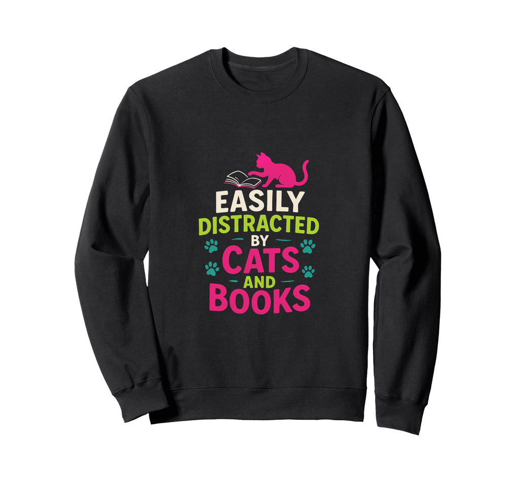 Easily Distracted Cats And Books Sweatshirt - Aesthetic Graphic Men Women - T-Shirt, Sweatshirt, Hoodie