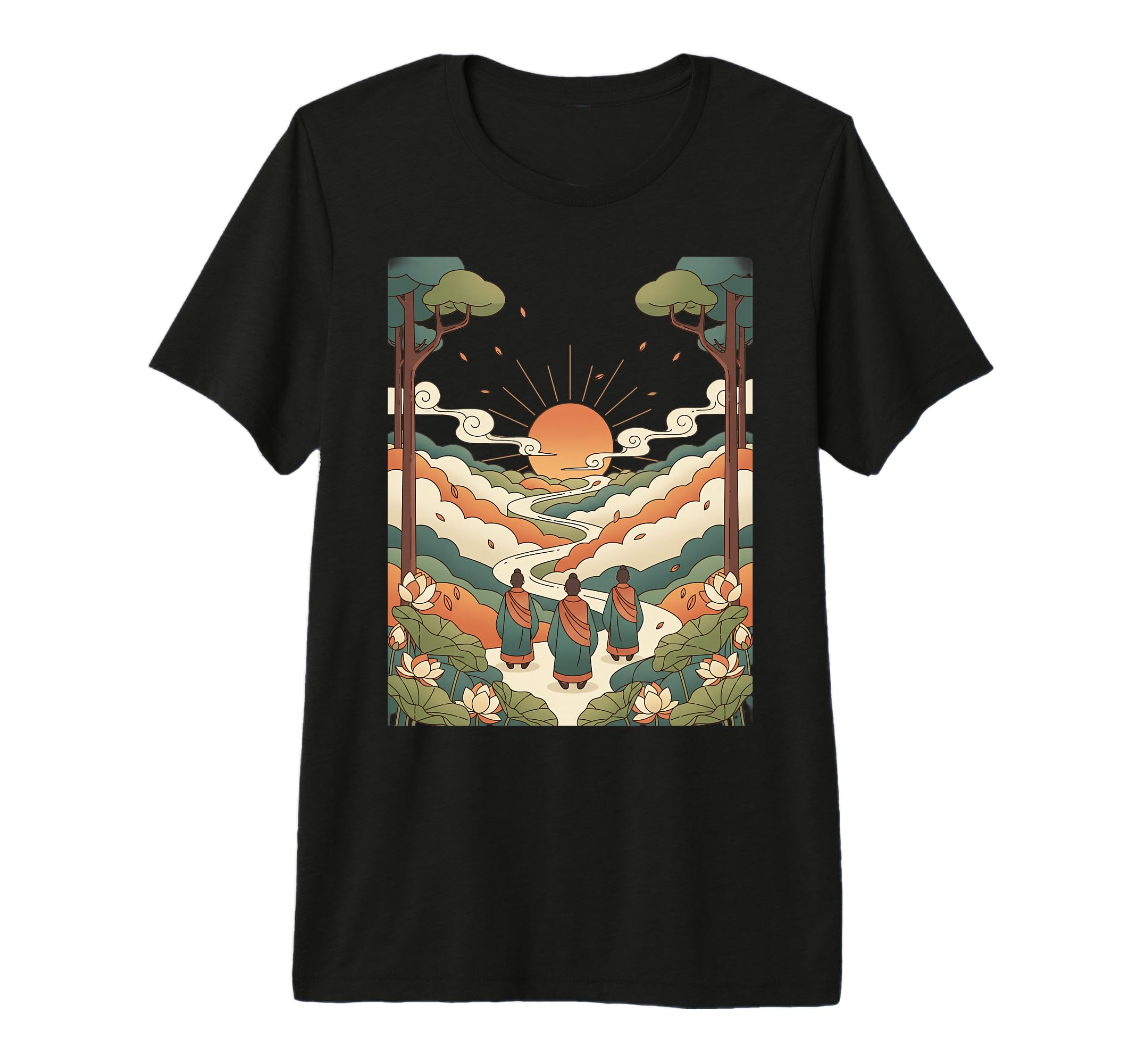 Mindful Journey Monks Walking Sunset T-Shirt - Trendy Graphic for Adults - T-Shirt, Sweatshirt, Hoodie