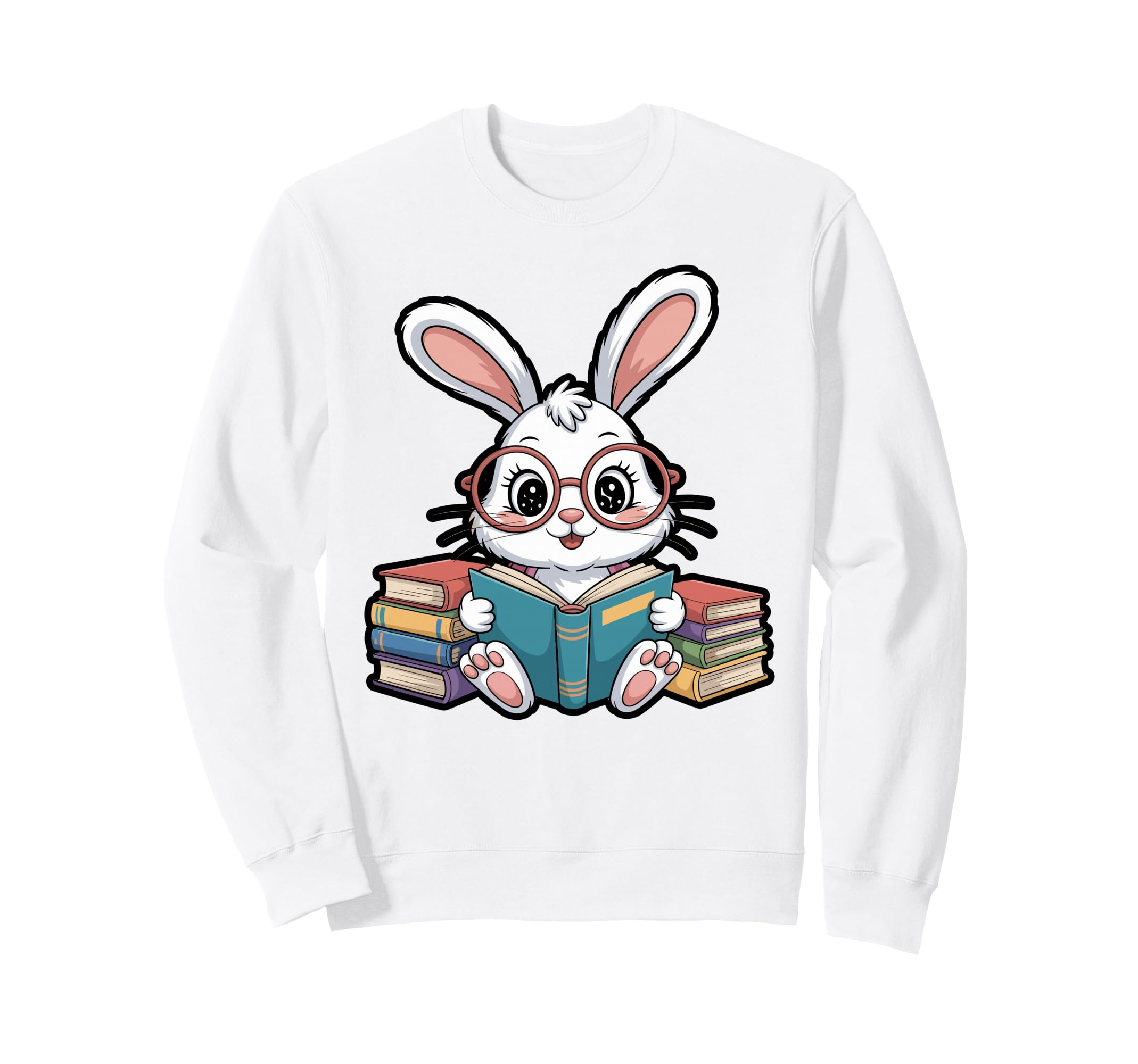 Reading Bunny Book Stack Sweatshirt - Graphic Print for Adults - T-Shirt, Sweatshirt, Hoodie