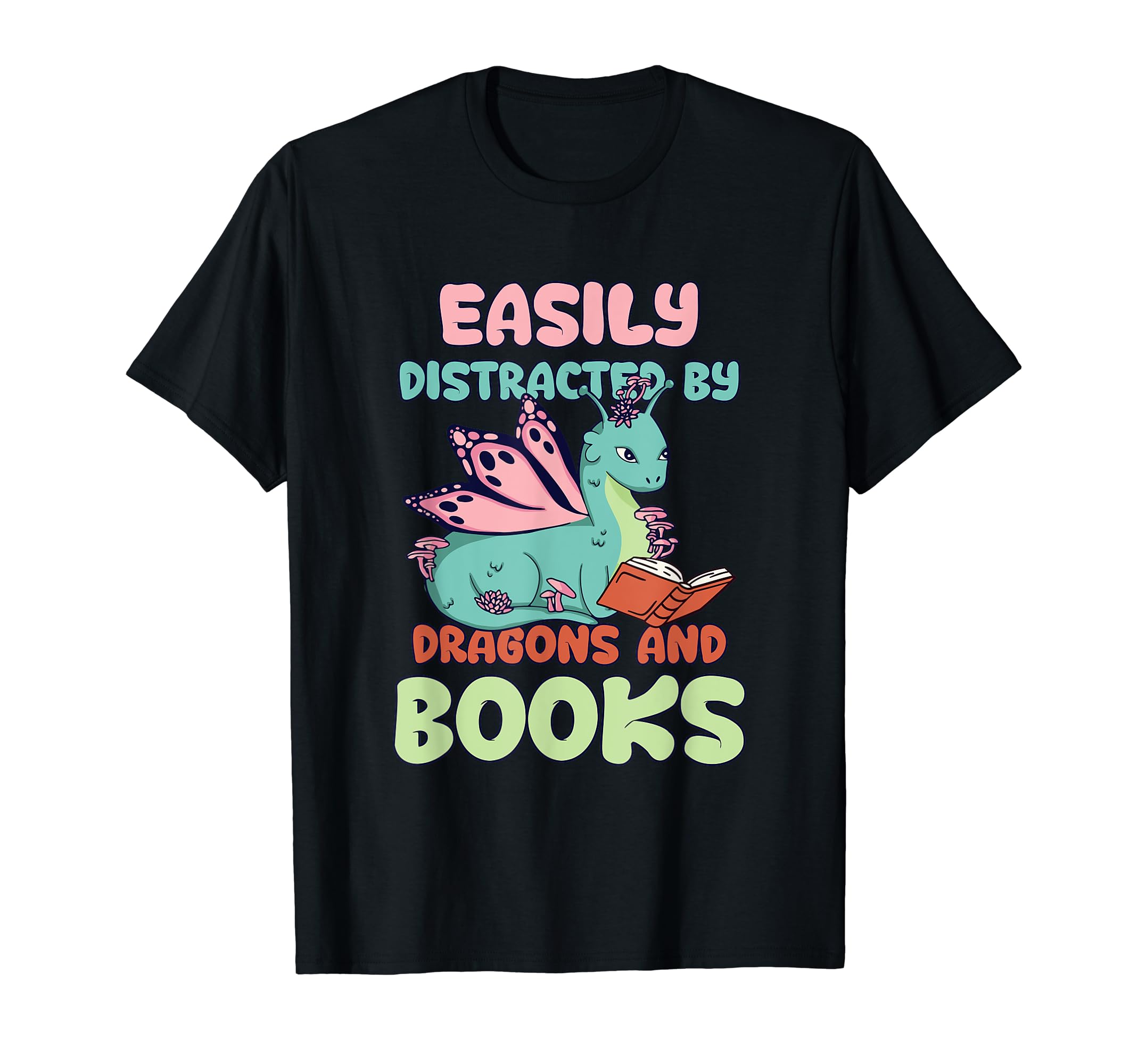 Easily Distracted Dragon And Books Funny T-Shirt - Unique Graphic Unisex - T-Shirt, Sweatshirt, Hoodie