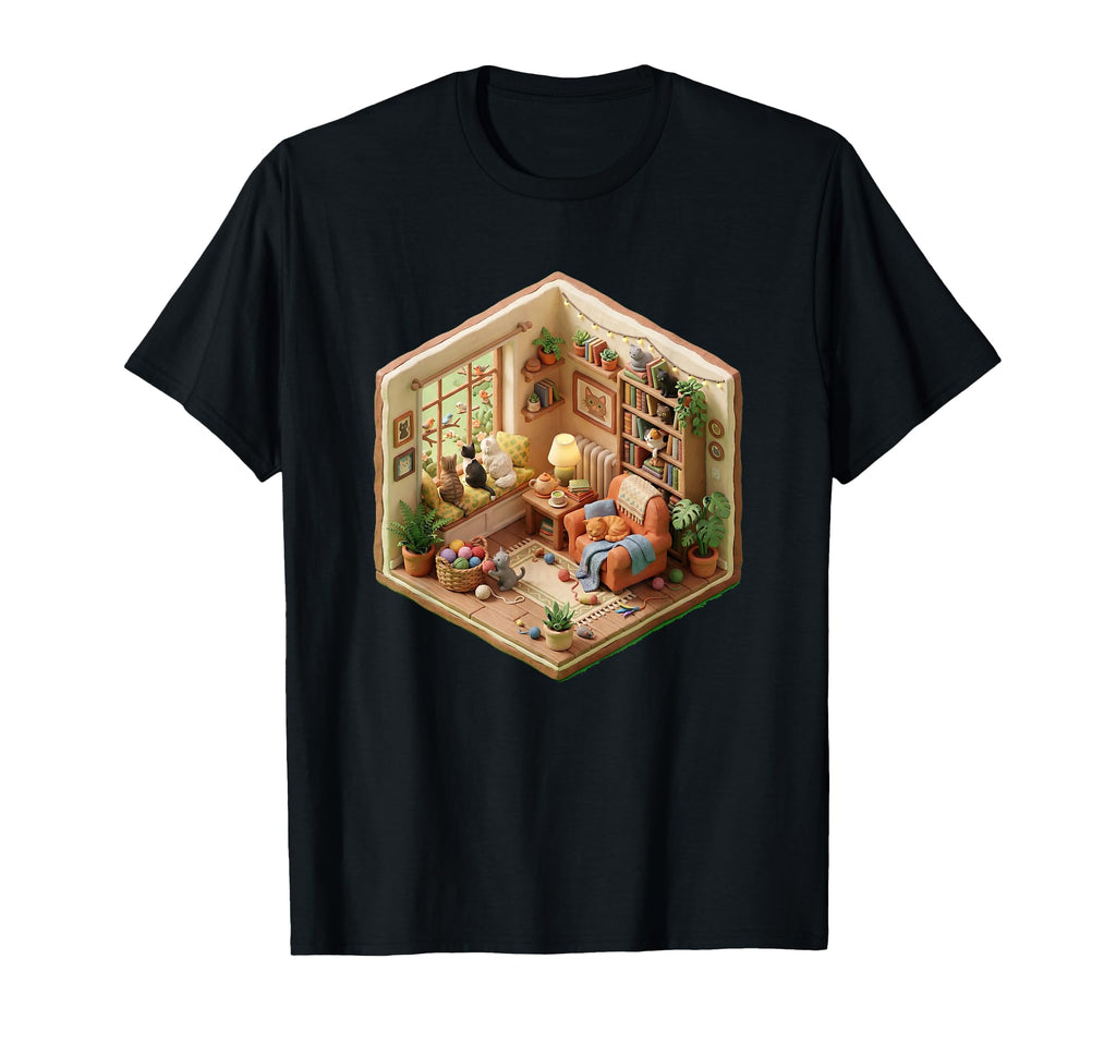 Cat Lover Reading Nook Clay Diorama T-Shirt - Aesthetic Graphic Unisex - T-Shirt, Sweatshirt, Hoodie