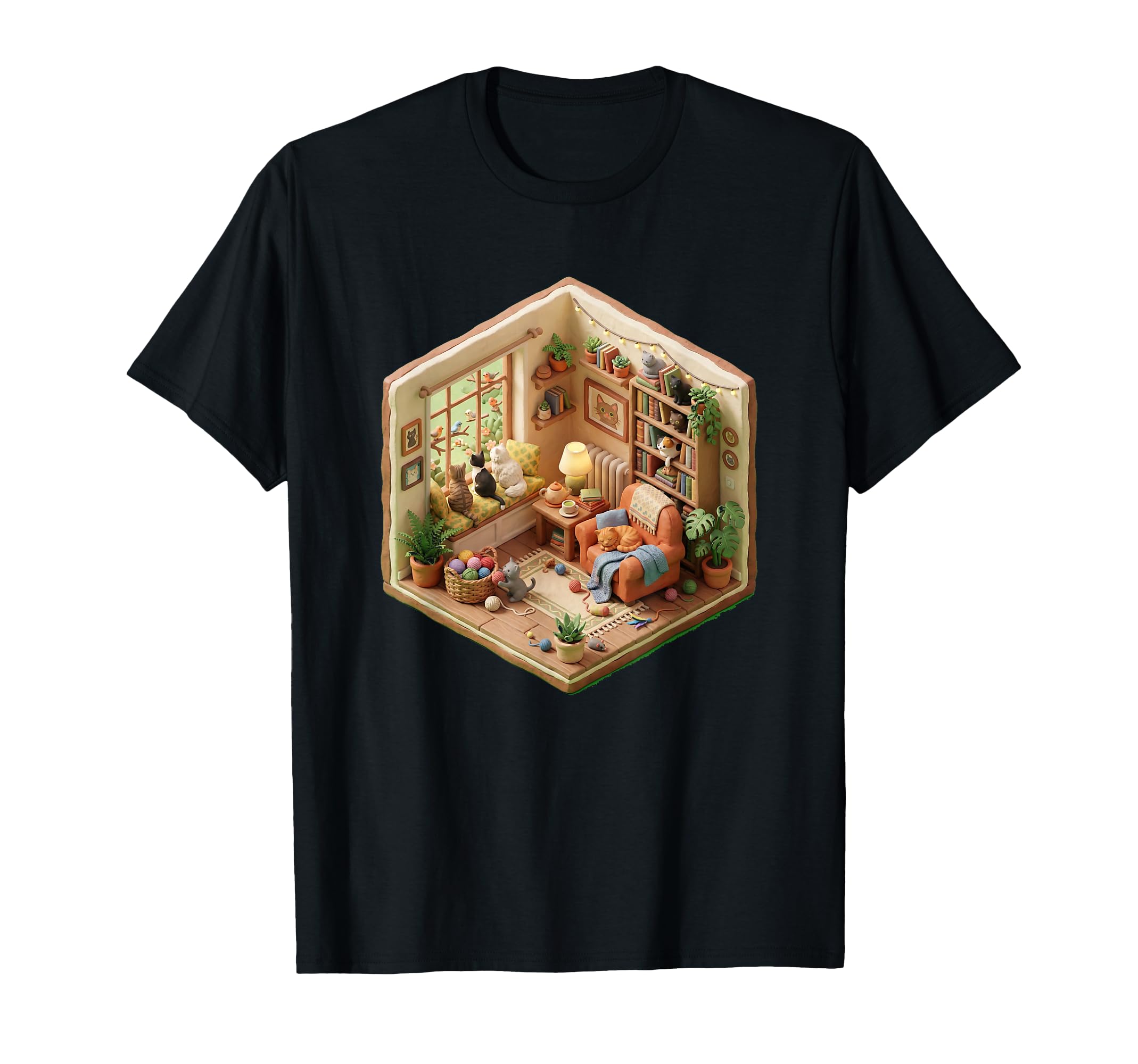 Cat Lover Reading Nook Clay Diorama T-Shirt - Aesthetic Graphic Unisex - T-Shirt, Sweatshirt, Hoodie