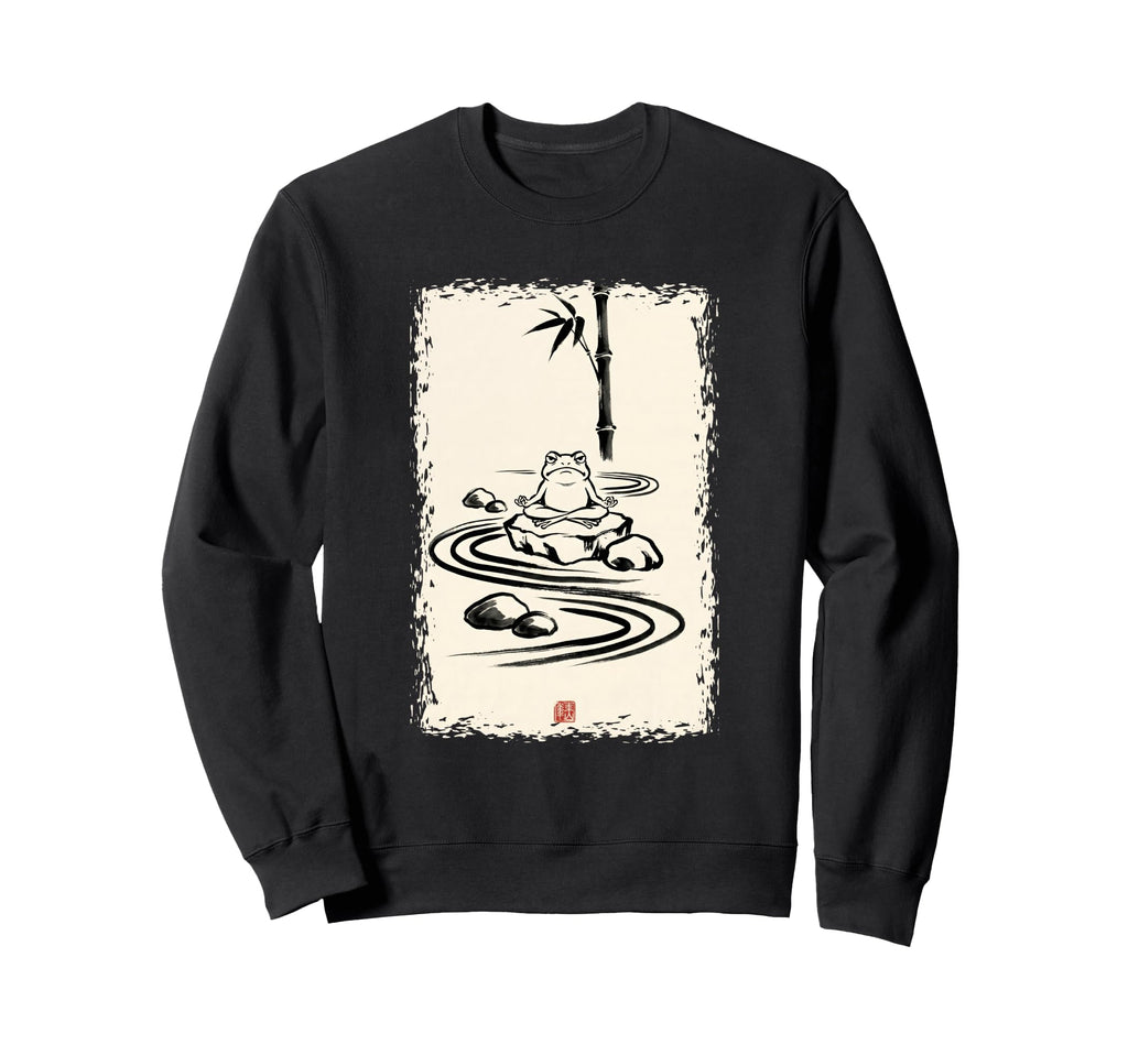 Zen Frog Meditating Japanese Sumi Sweatshirt - Minimalist Print for Adults - T-Shirt, Sweatshirt, Hoodie