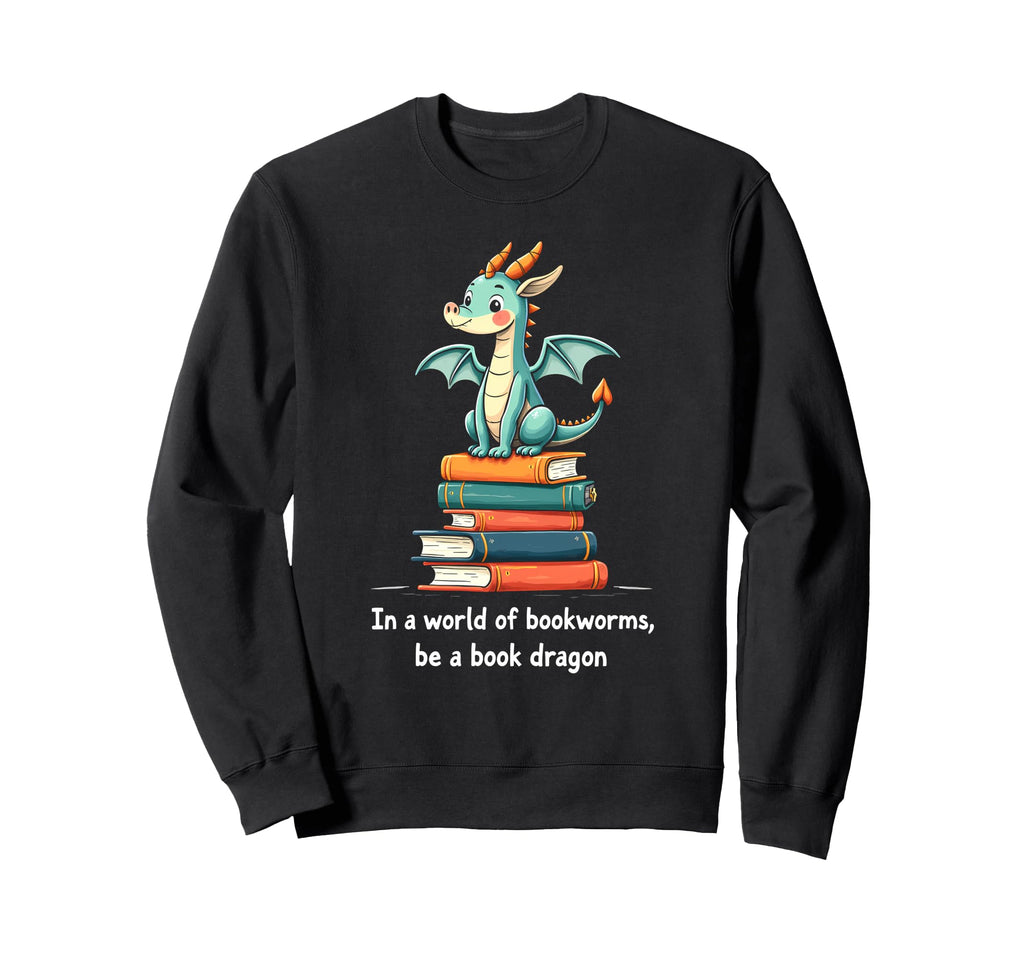 Dragon Atop Books Playful Reading Sweatshirt - Trendy Graphic for Adults - T-Shirt, Sweatshirt, Hoodie