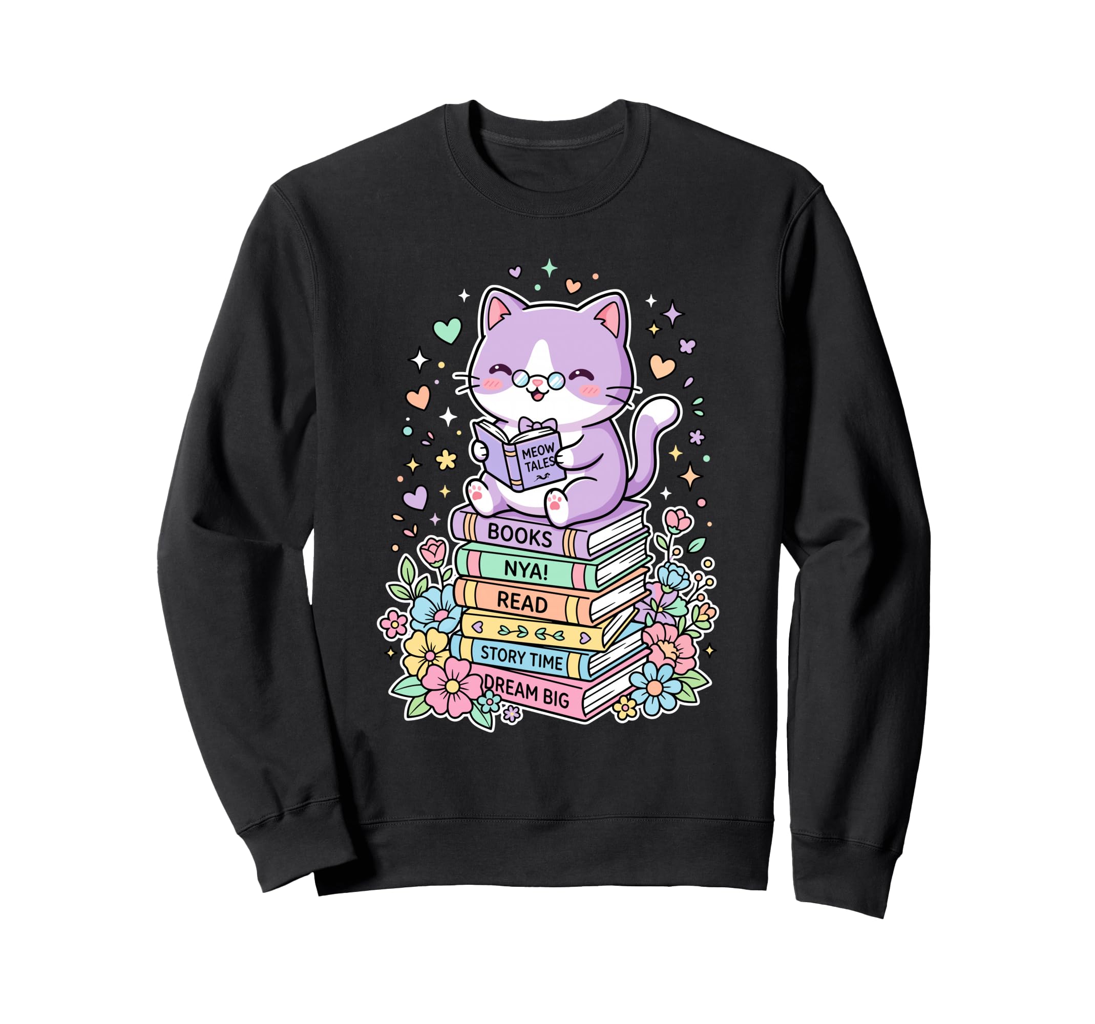 Kawaii Cat Reading Books Flowers Sweatshirt - Custom Art Print for Adults - T-Shirt, Sweatshirt, Hoodie