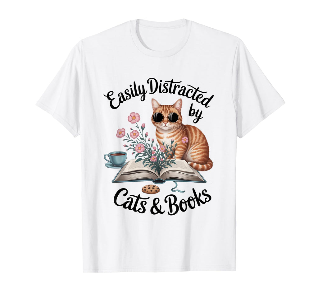 Easily Distracted Cats And Books T-Shirt - Minimalist Print Men Women - T-Shirt, Sweatshirt, Hoodie