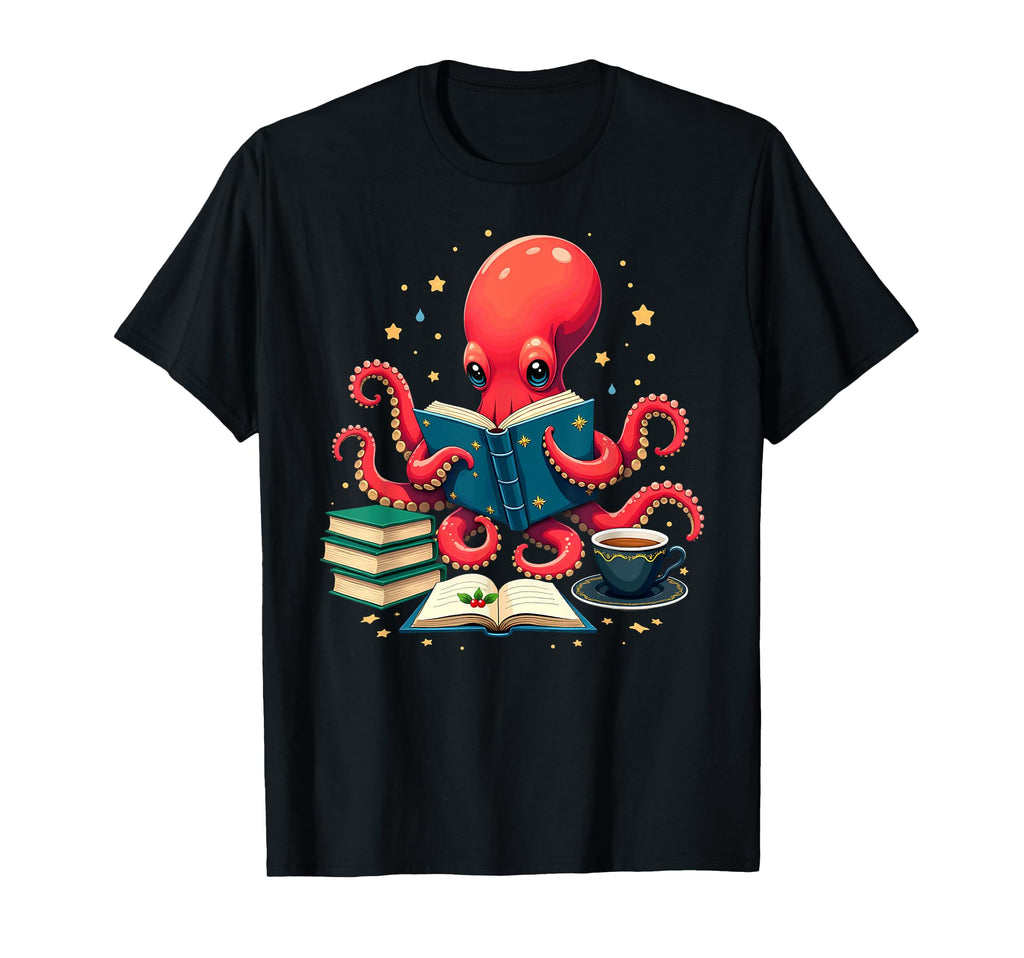 Octopus Reading Books Tea Coffee T-Shirt - Minimalist Print for Adults - T-Shirt, Sweatshirt, Hoodie