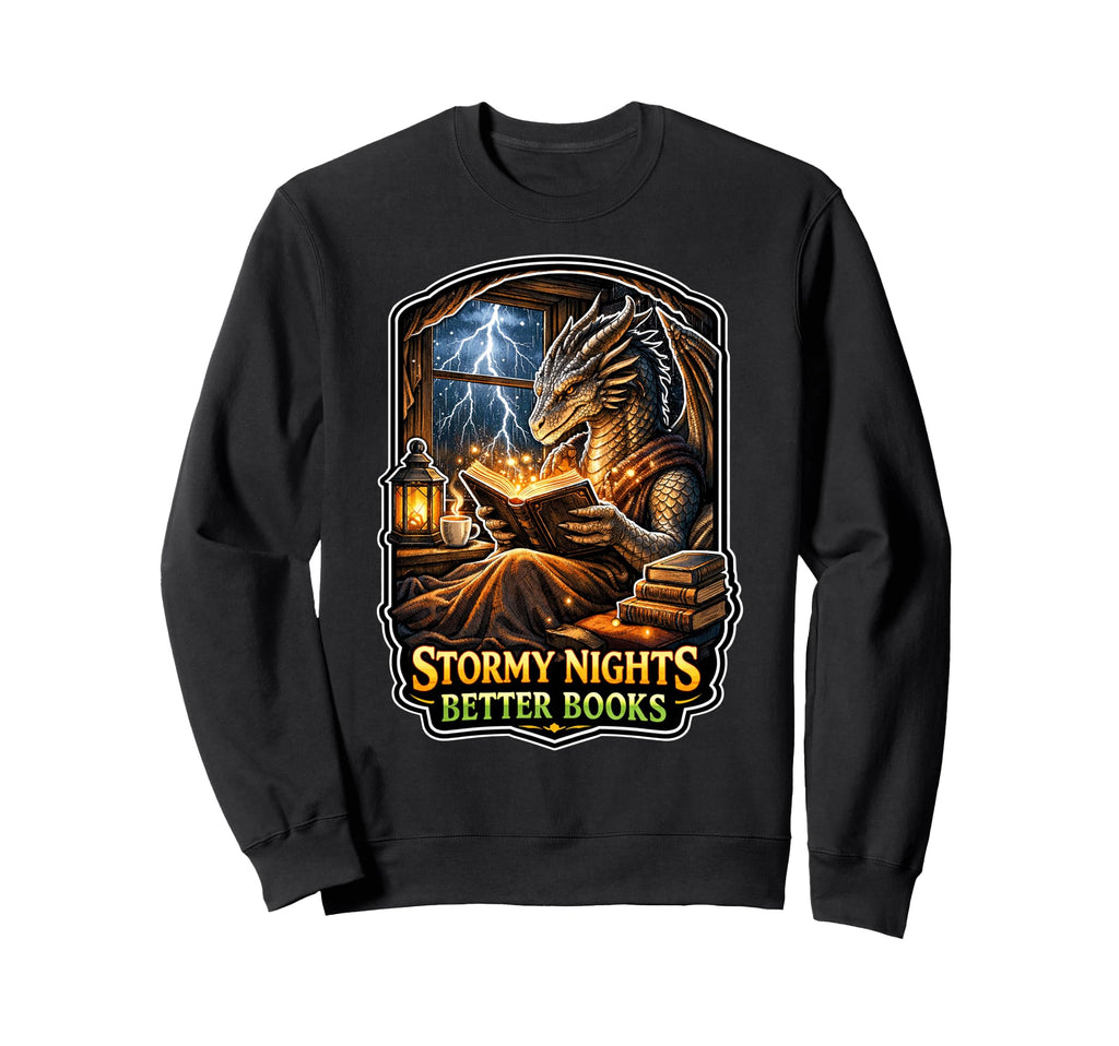 Stormy Night Cozy Dragon Reading Sweatshirt - Trendy Graphic for Adults - T-Shirt, Sweatshirt, Hoodie