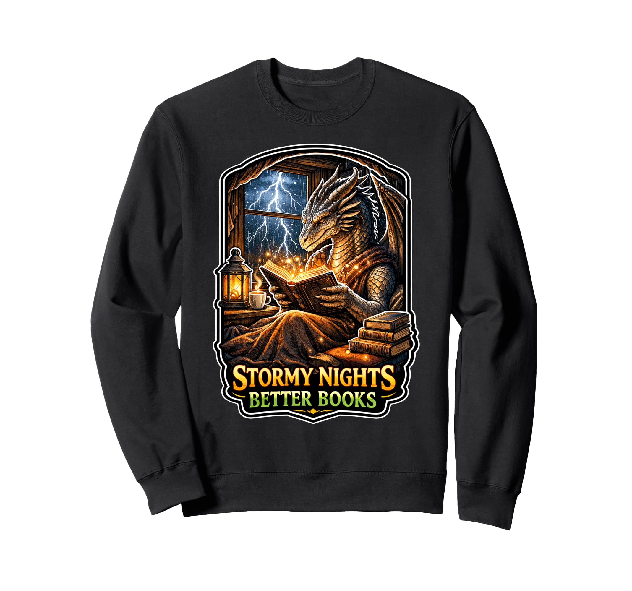Stormy Night Cozy Dragon Reading Sweatshirt - Trendy Graphic for Adults - T-Shirt, Sweatshirt, Hoodie