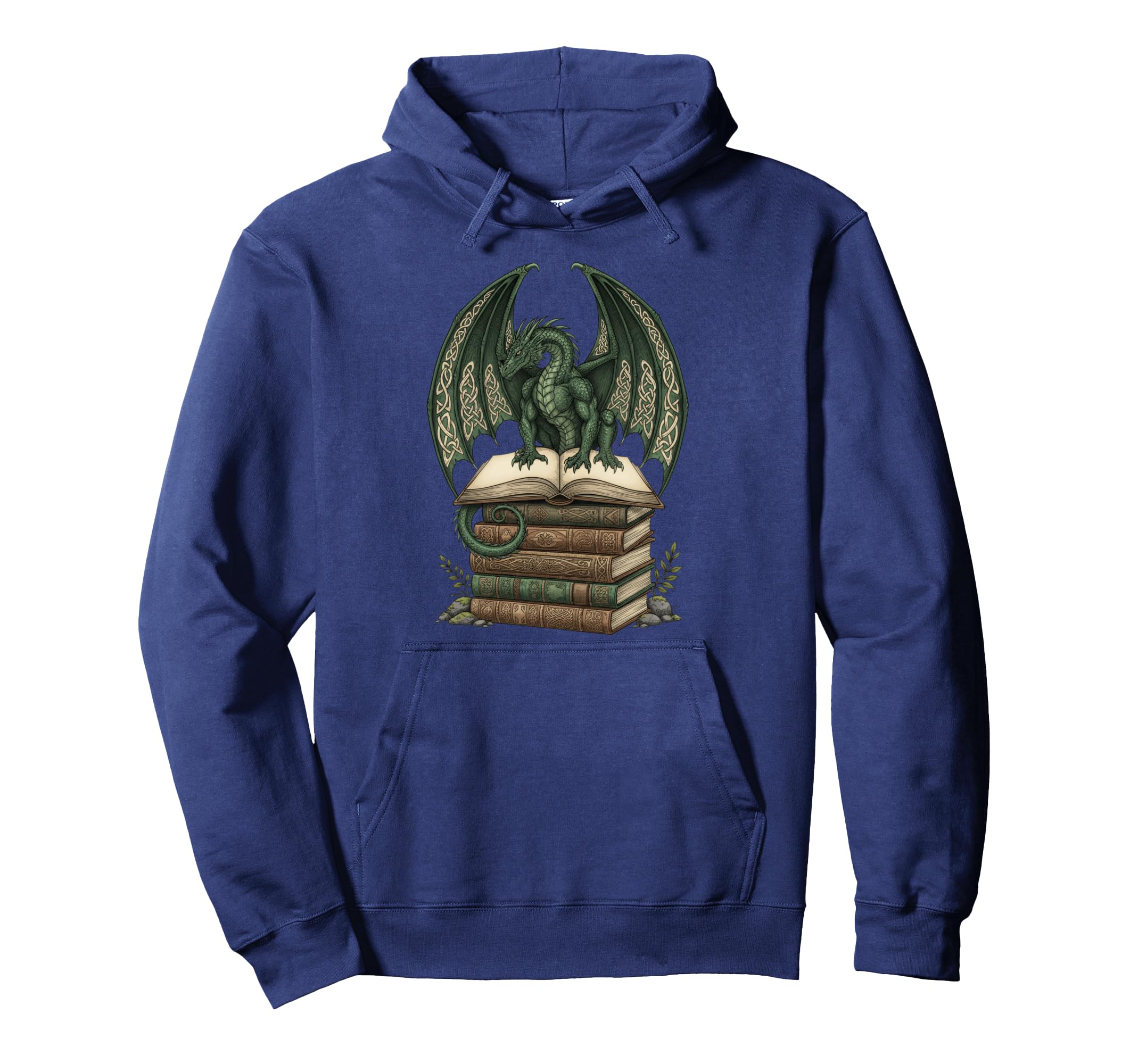Green Celtic Dragon Perched Books Hoodie - Unique Graphic Men Women - T-Shirt, Sweatshirt, Hoodie