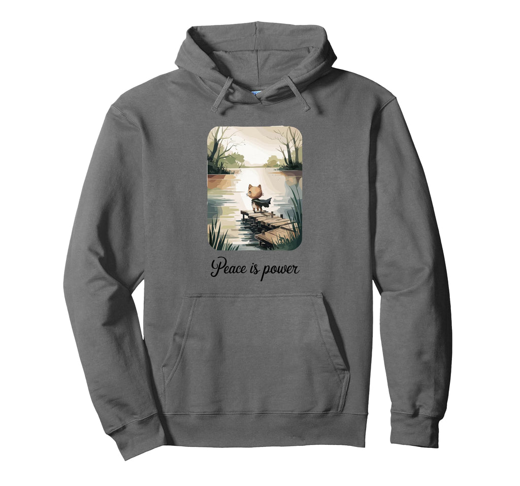 Peace Is Power Cat Calm Lake Art Hoodie - Minimalist Print for Adults - T-Shirt, Sweatshirt, Hoodie