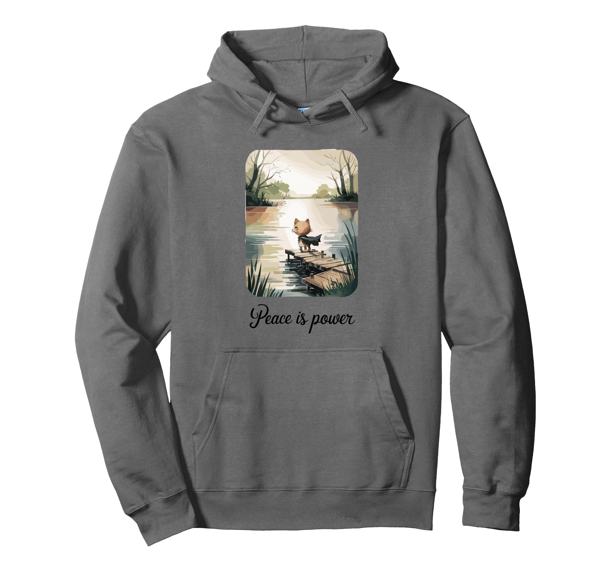 Peace Is Power Cat Calm Lake Art Hoodie - Minimalist Print for Adults - T-Shirt, Sweatshirt, Hoodie