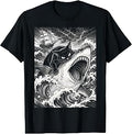 Black Cat Biting Shark Anime Graphic Tees Men Cool Japanese T-Shirt Unisex T-shirt, Sweatshirt, Hoodie, Long Sleeve Tee - T-Shirt, Sweatshirt, Hoodie