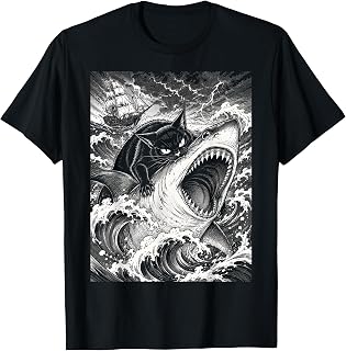 Black Cat Biting Shark Anime Graphic Tees Men Cool Japanese T-Shirt Unisex T-shirt, Sweatshirt, Hoodie, Long Sleeve Tee - T-Shirt, Sweatshirt, Hoodie