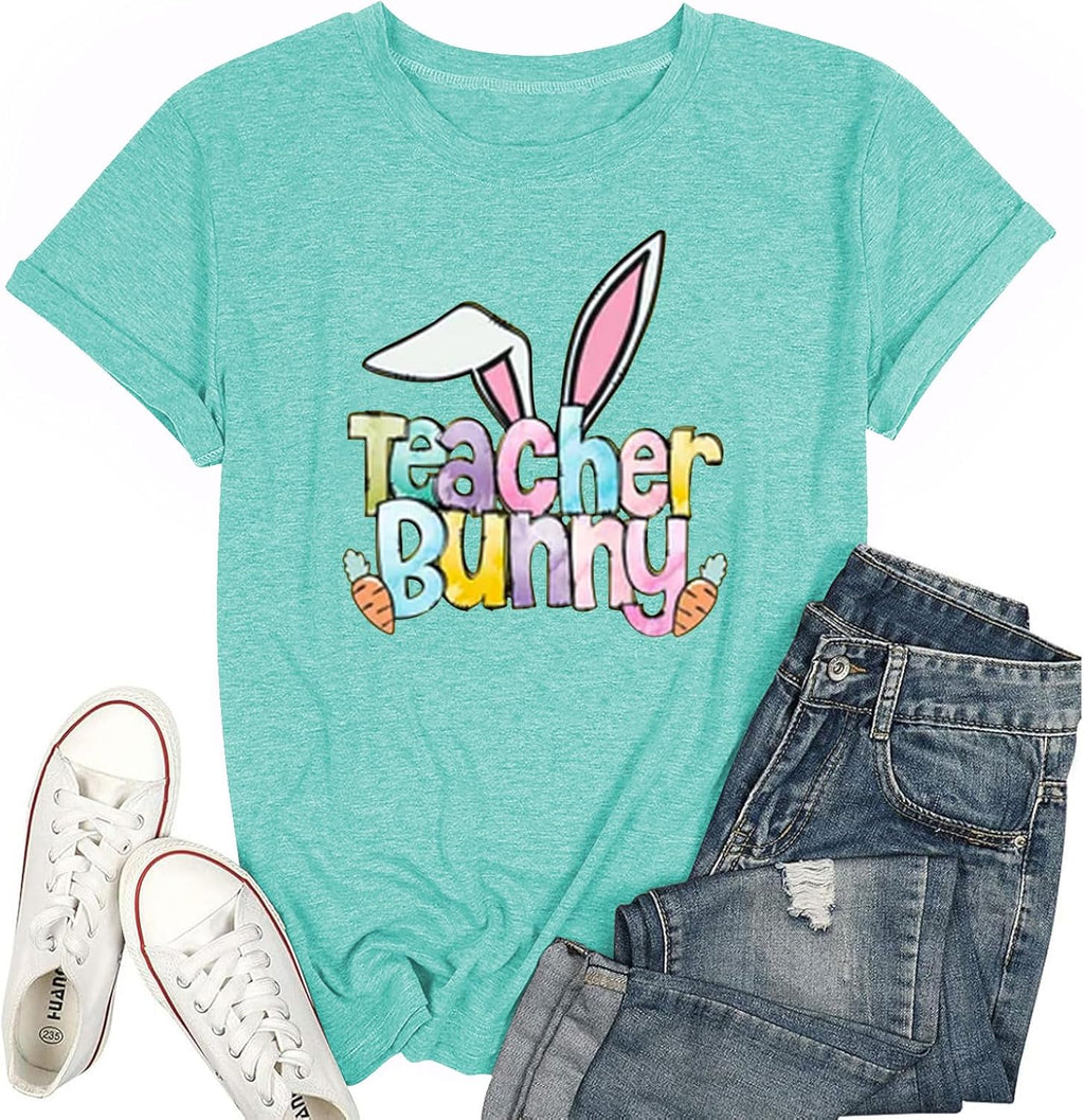 Teacher Bunny Shirts for Women Easter T Shirts Funny Rabbit Graphic Tees Teacher Casual Short Sleeve Top - T-Shirt, Sweatshirt, Hoodie